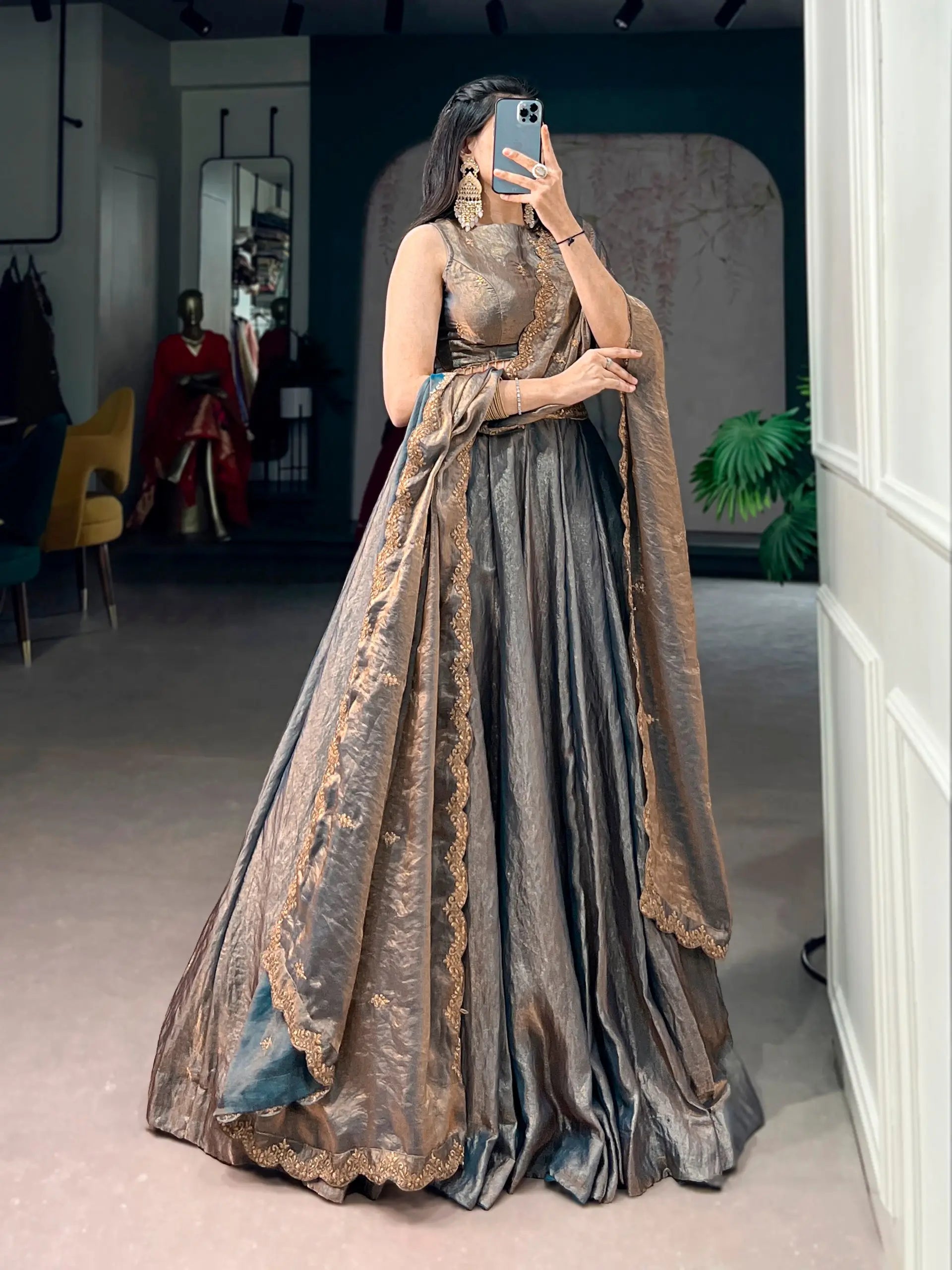 steel grey lehenga choli set side view with dupatta