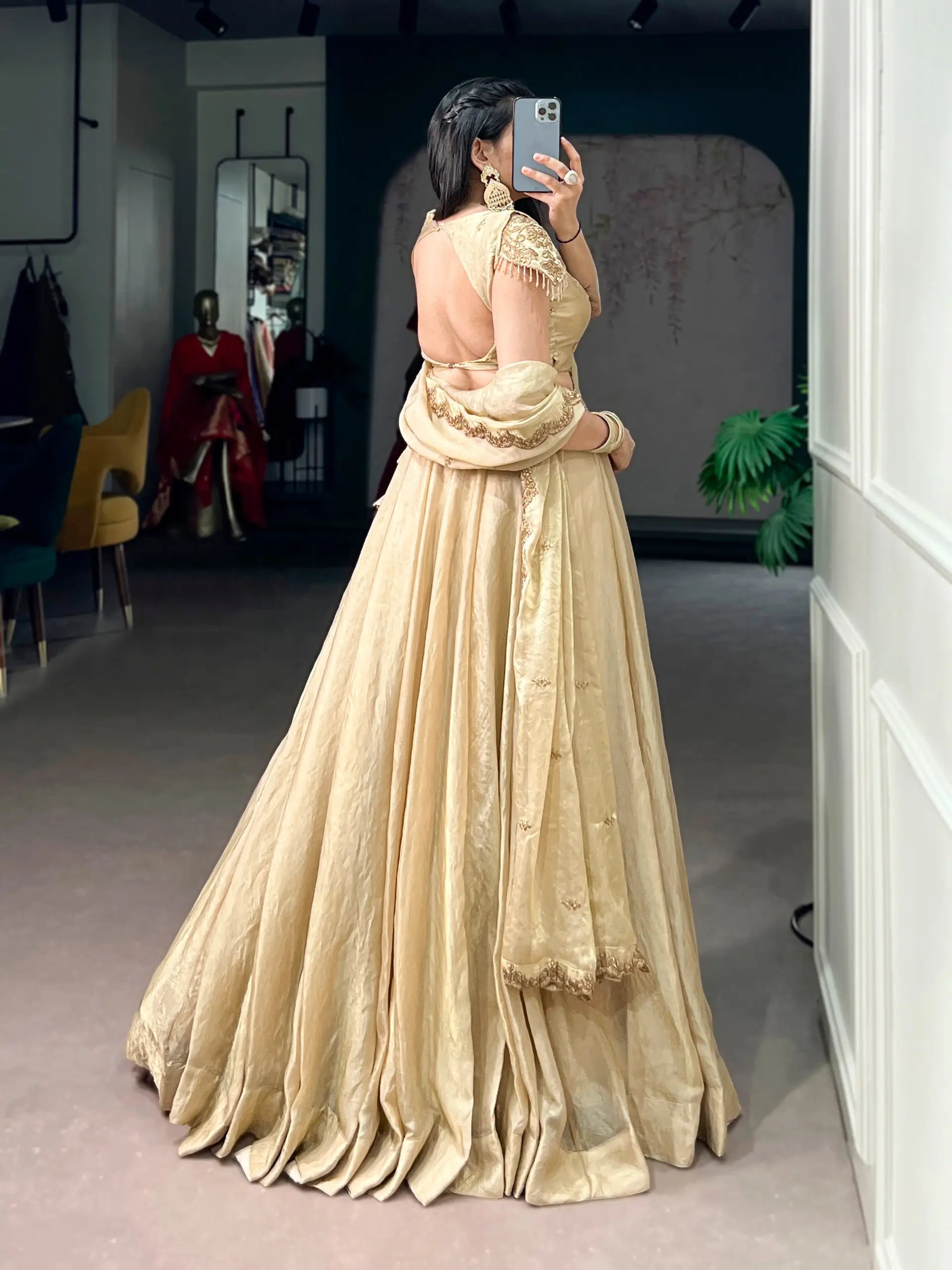 champagne gold frendysilk lehenga choli set full back view