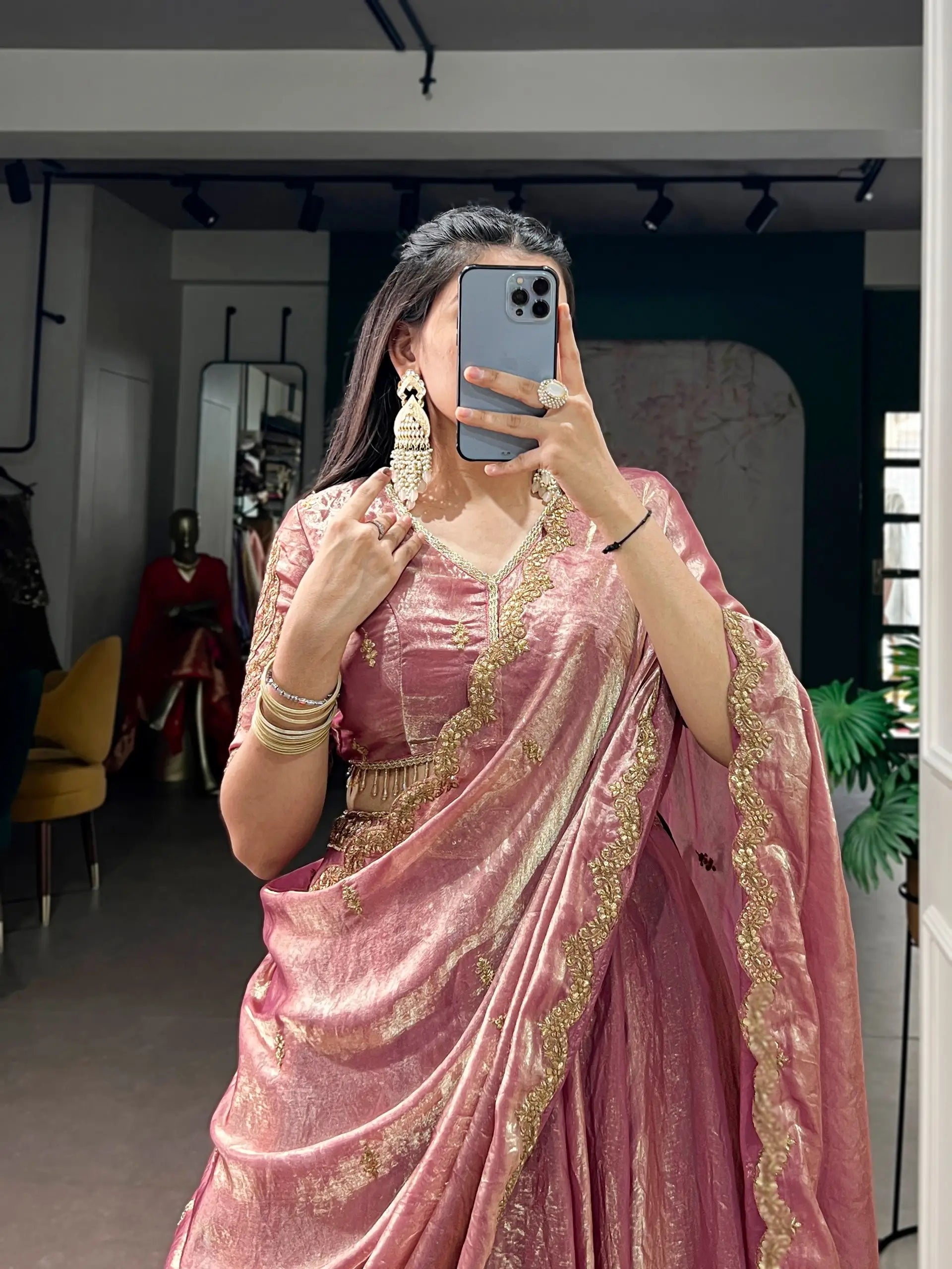 dusty rose lehenga choli blouse gold embroidery close up