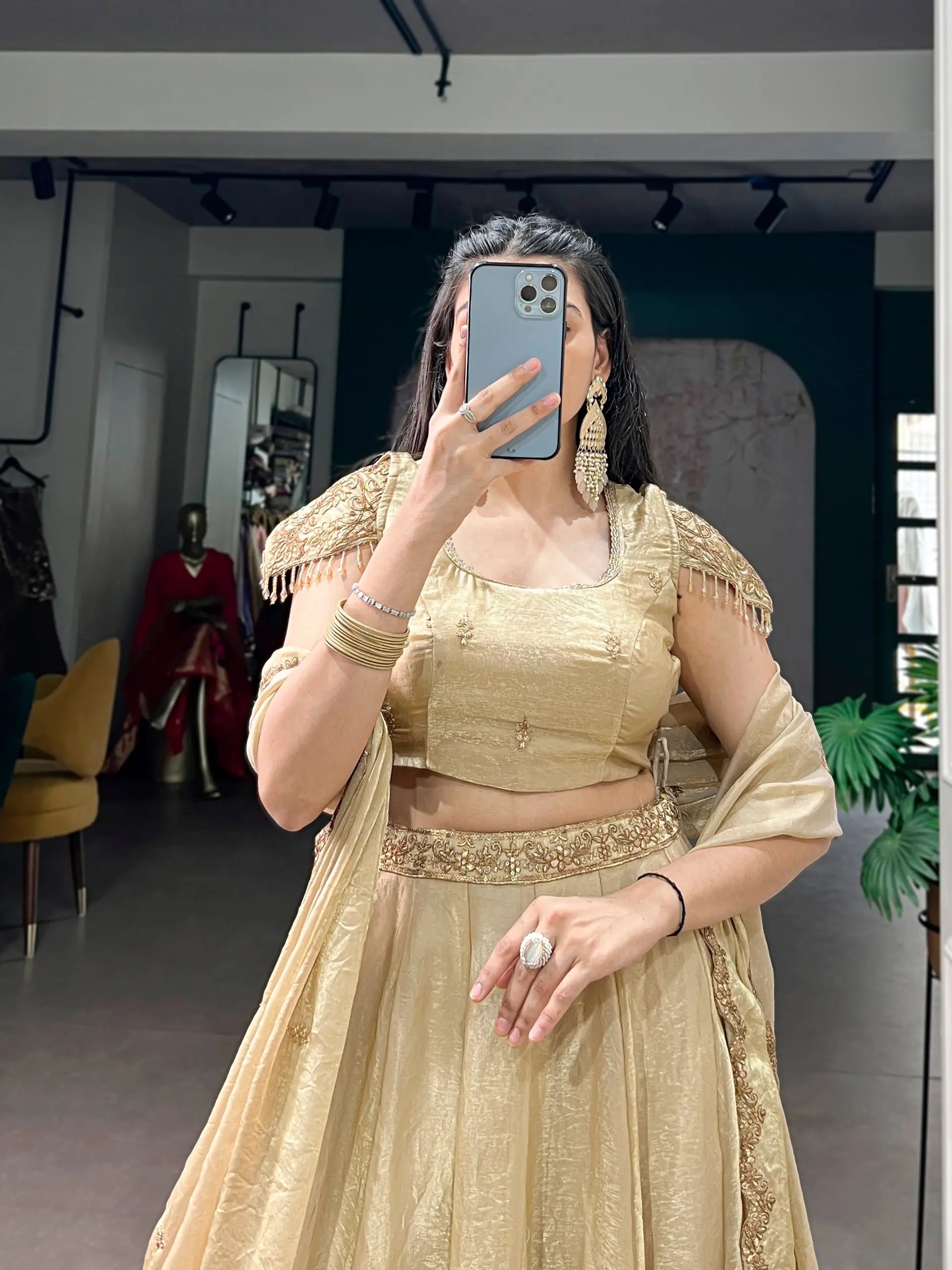 champagne gold lehenga choli blouse sequin embroidery detail