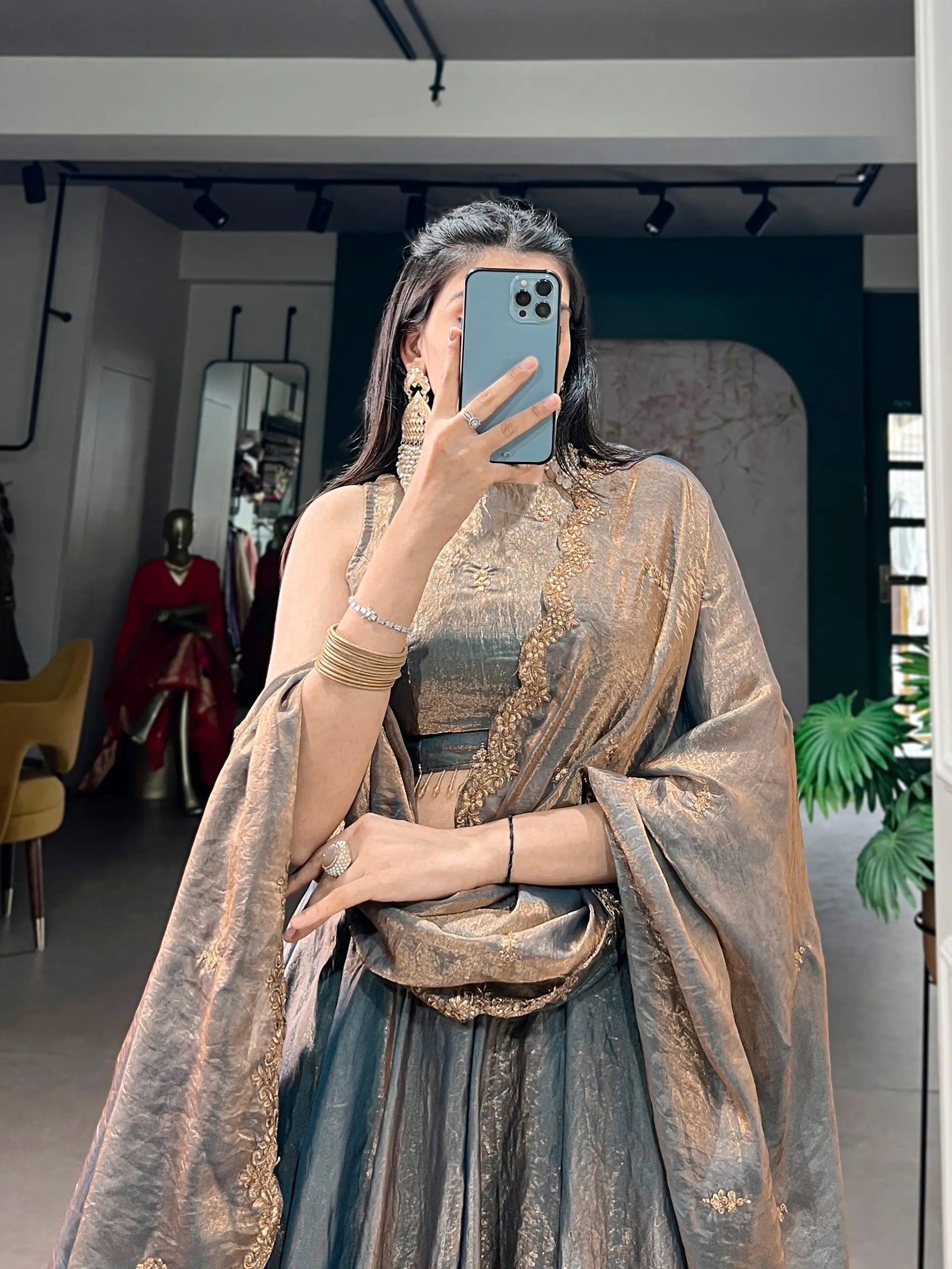 steel grey lehenga choli blouse gold embroidery detail