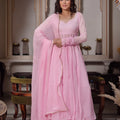 pink anarkali suit set with dupatta full body front view