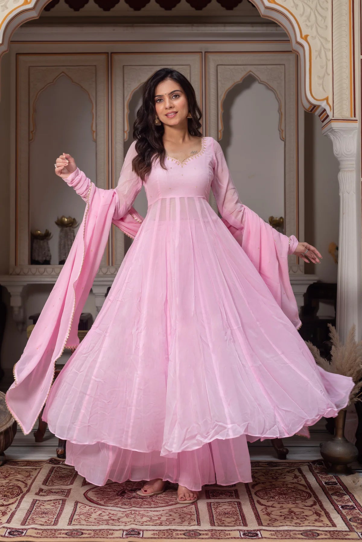 pink anarkali suit set with dupatta full flare twirl view