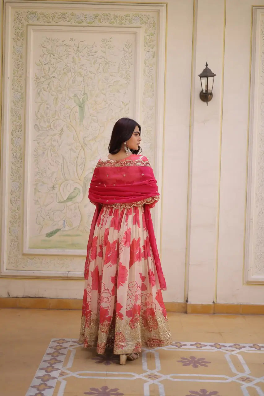 Back view of pink floral print anarkali gown with hot pink sequin dupatta – full length view