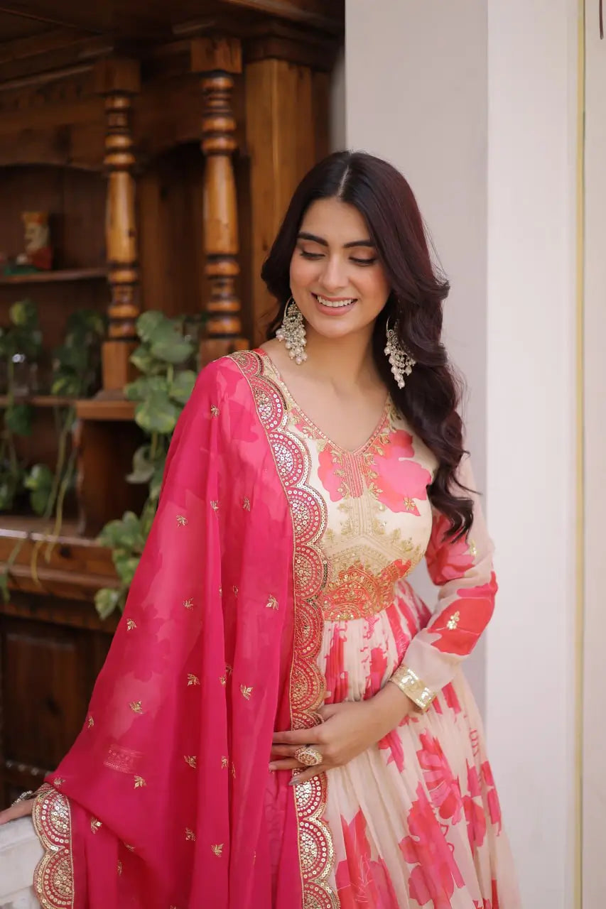 Close-up of gold zari sequin embroidery bodice and pink dupatta border on floral anarkali gown