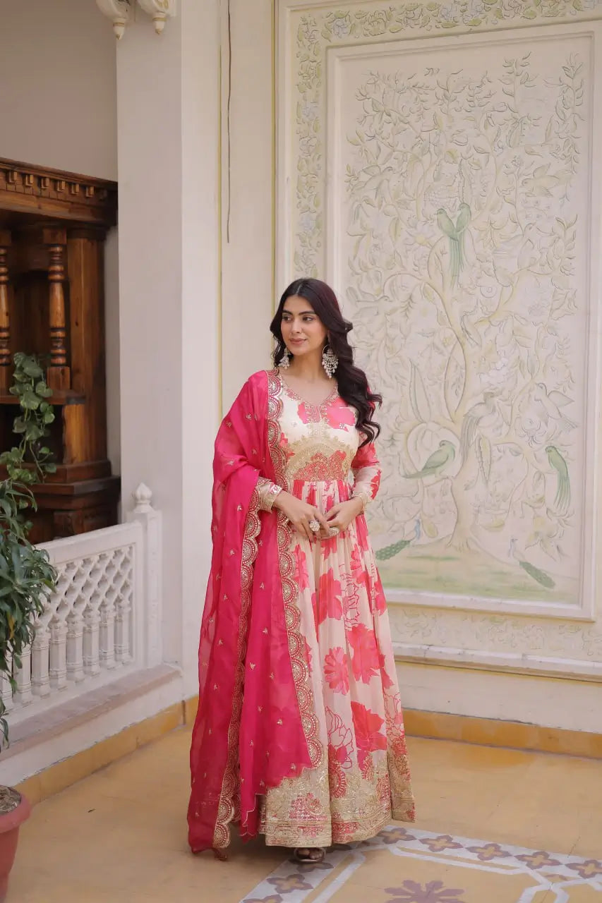 Pink floral print Russian silk anarkali gown with hot pink sequin embroidered dupatta – side view