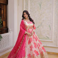Pink floral print anarkali gown showing 3-metre flare in spin – Russian silk festive gown
