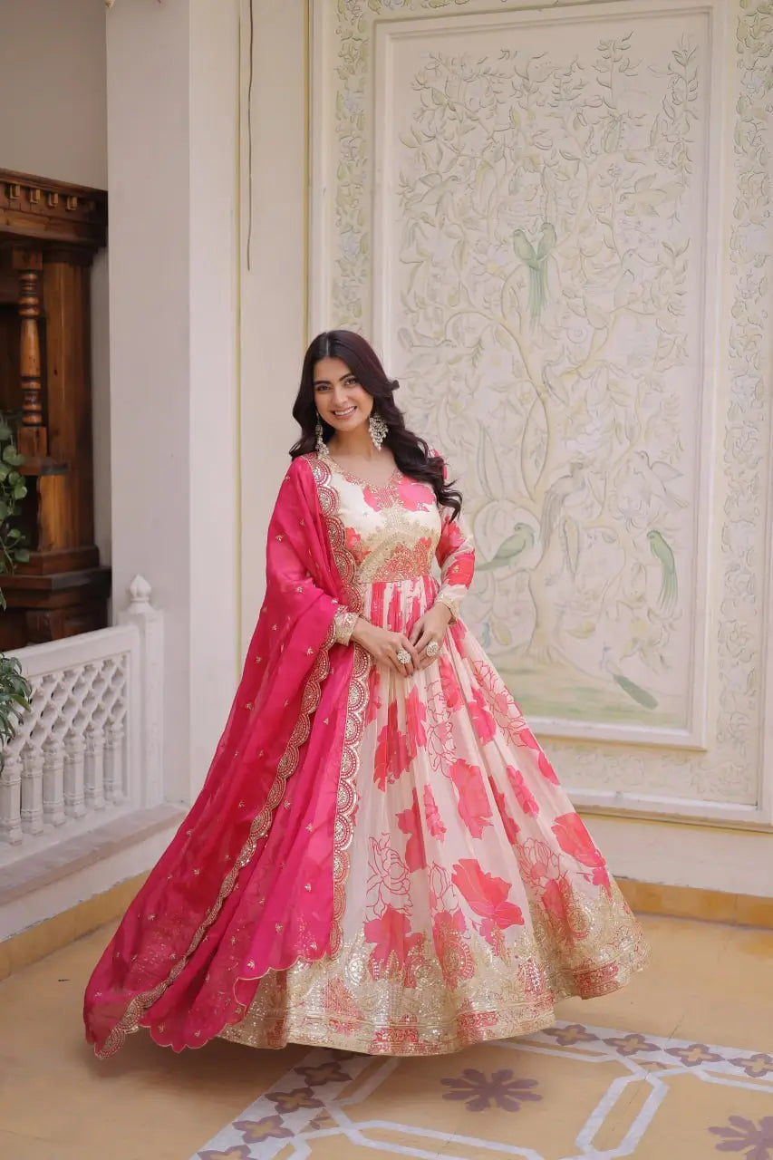 Pink floral print anarkali gown showing 3-metre flare in spin – Russian silk festive gown