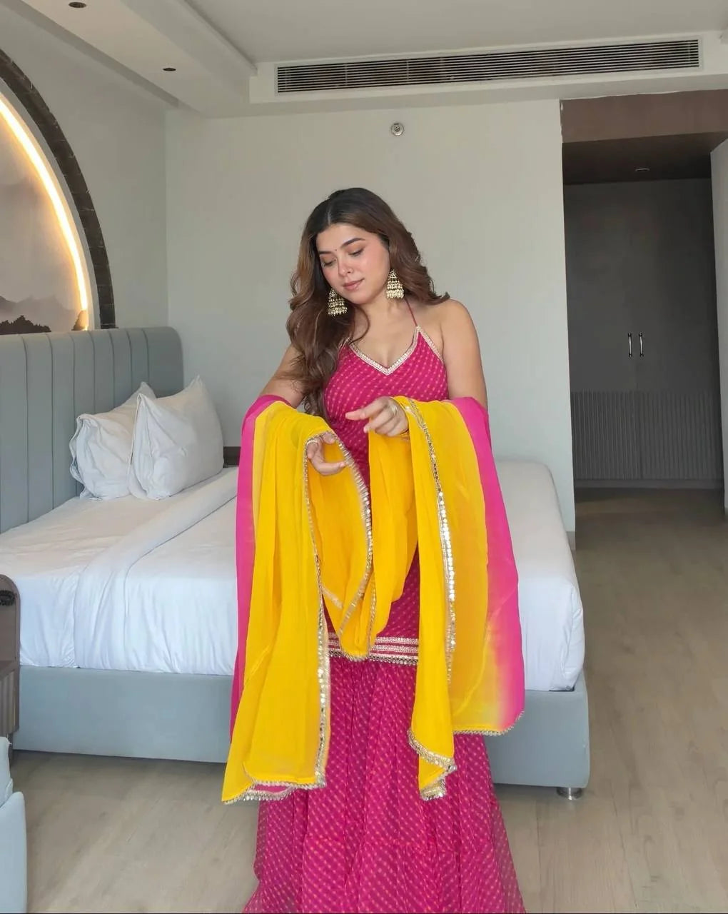 Rani pink faux georgette sharara set with yellow ombre dupatta – full front view
