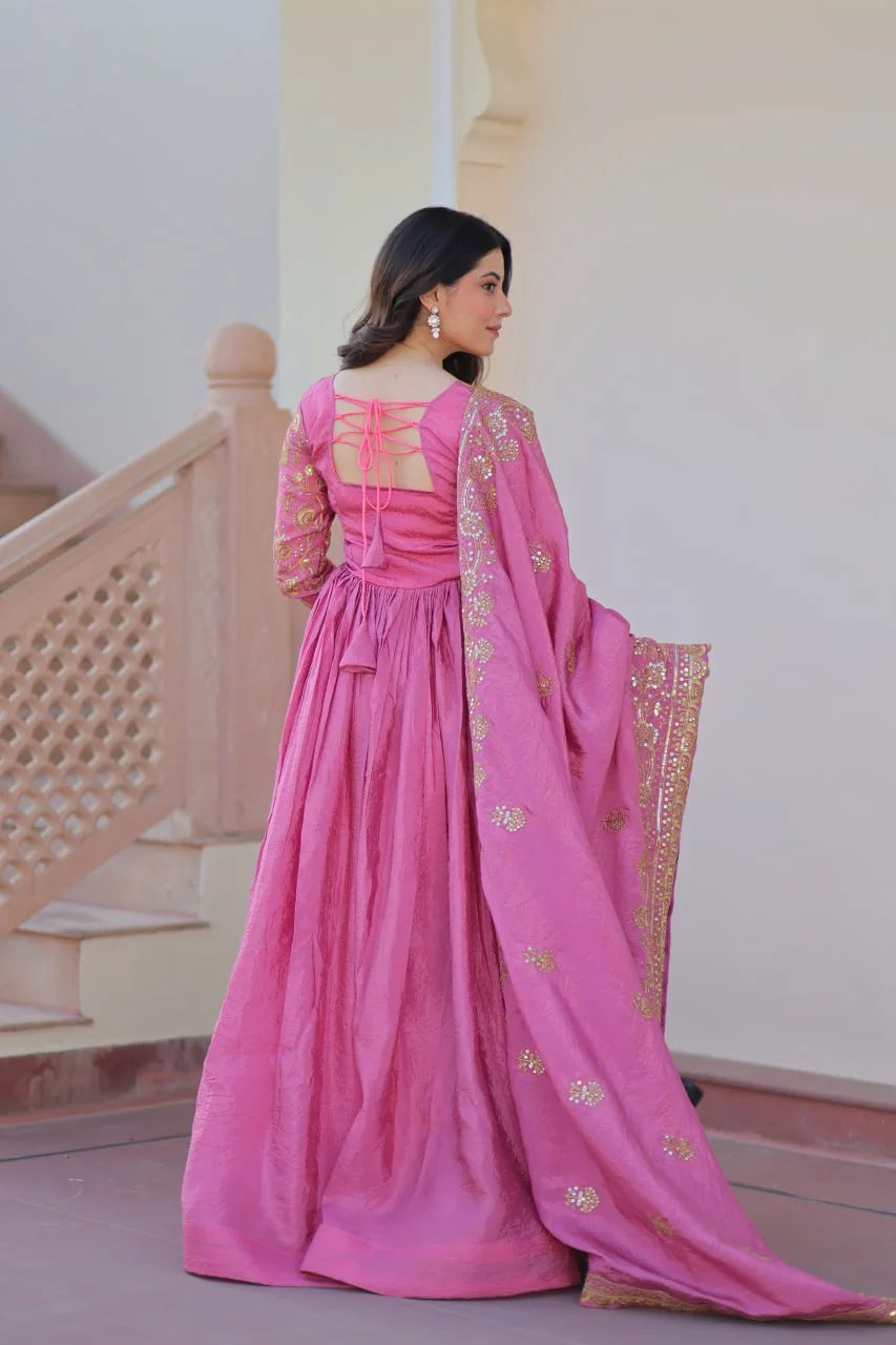 pink gold crush anarkali gown with dupatta back lace-up view