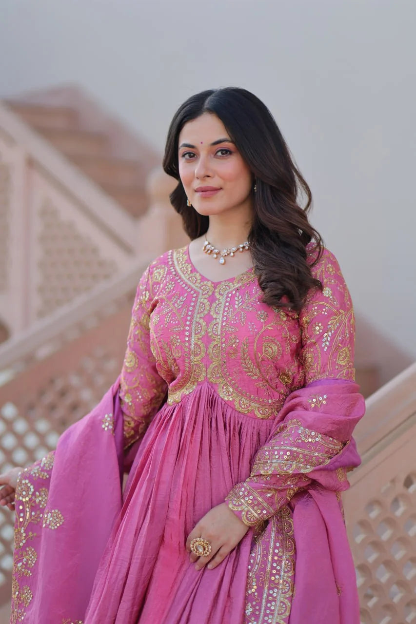 pink anarkali gown bodice sequin multi embroidery closeup