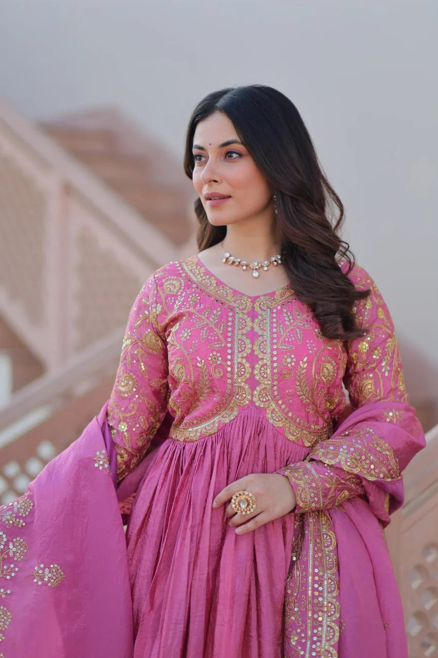 pink gold crush anarkali gown with dupatta embroidered set