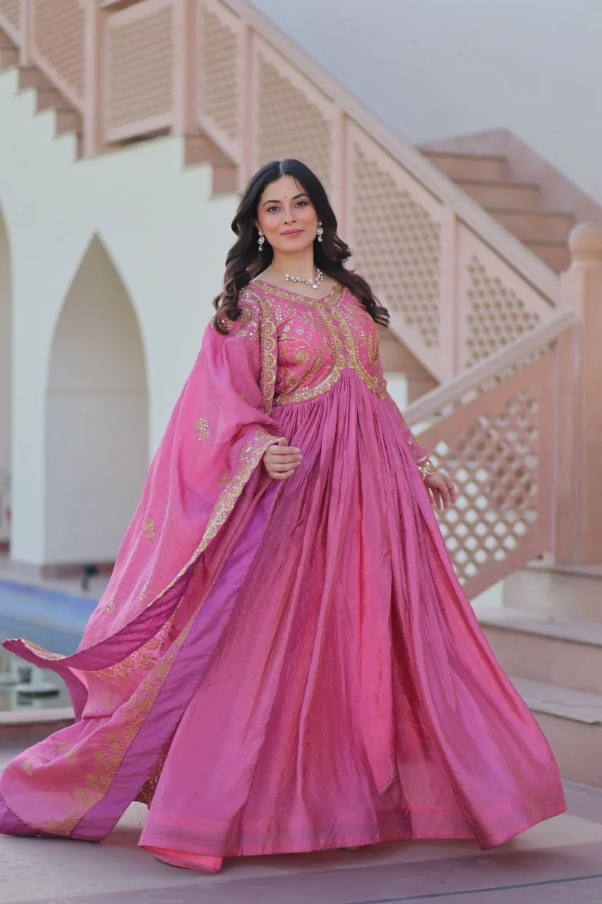 pink anarkali gown with dupatta full view festive wear