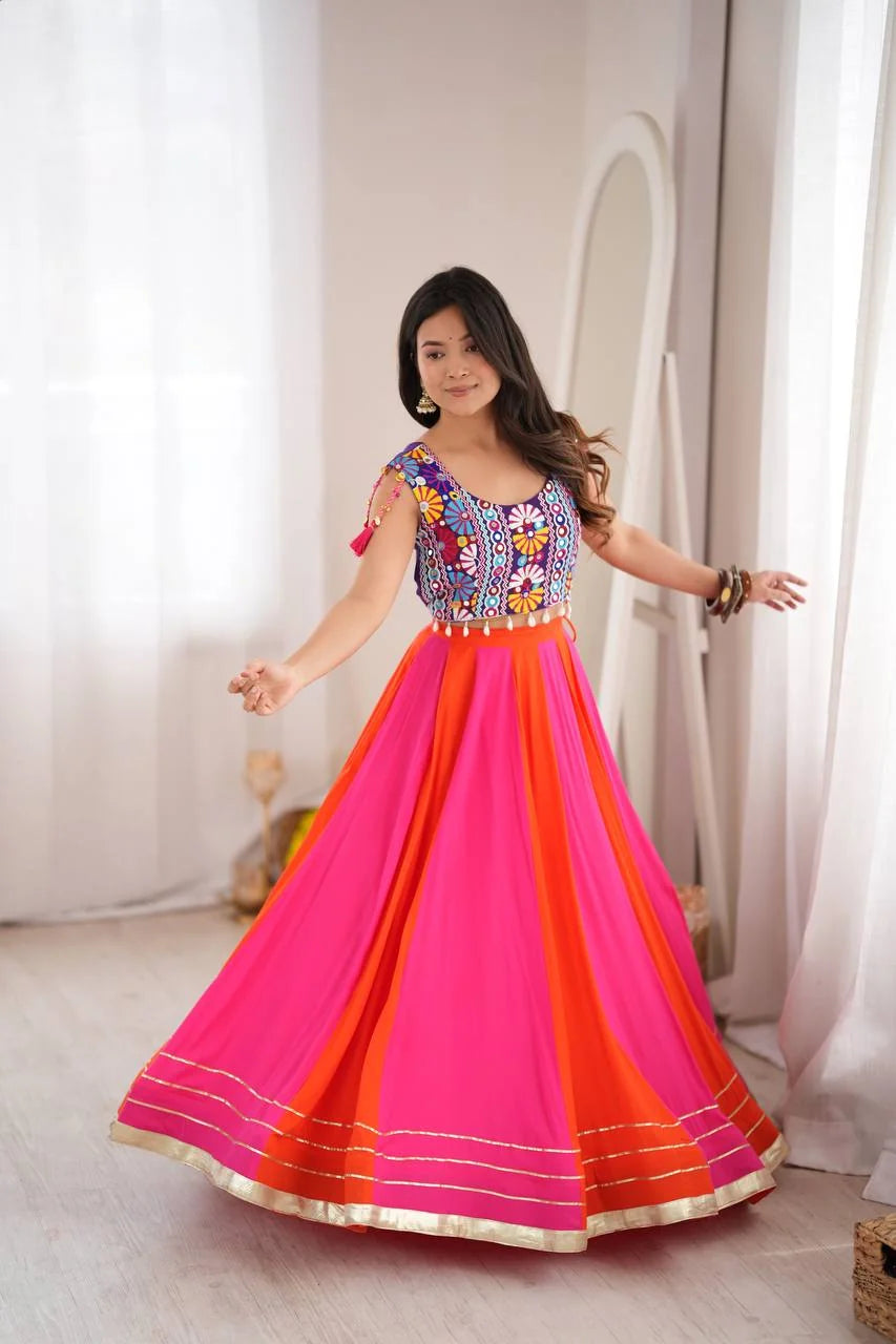 pink orange navratri lehenga 5 meter rayon flare with gold gota border full twirl