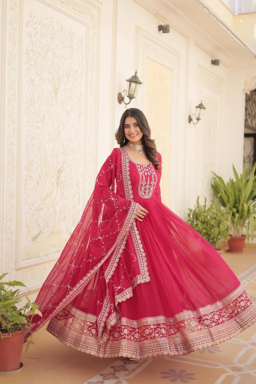 pink faux blooming anarkali gown dupatta drape view