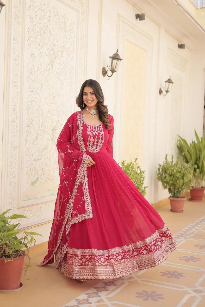 pink sequin anarkali gown with dupatta festive wear
