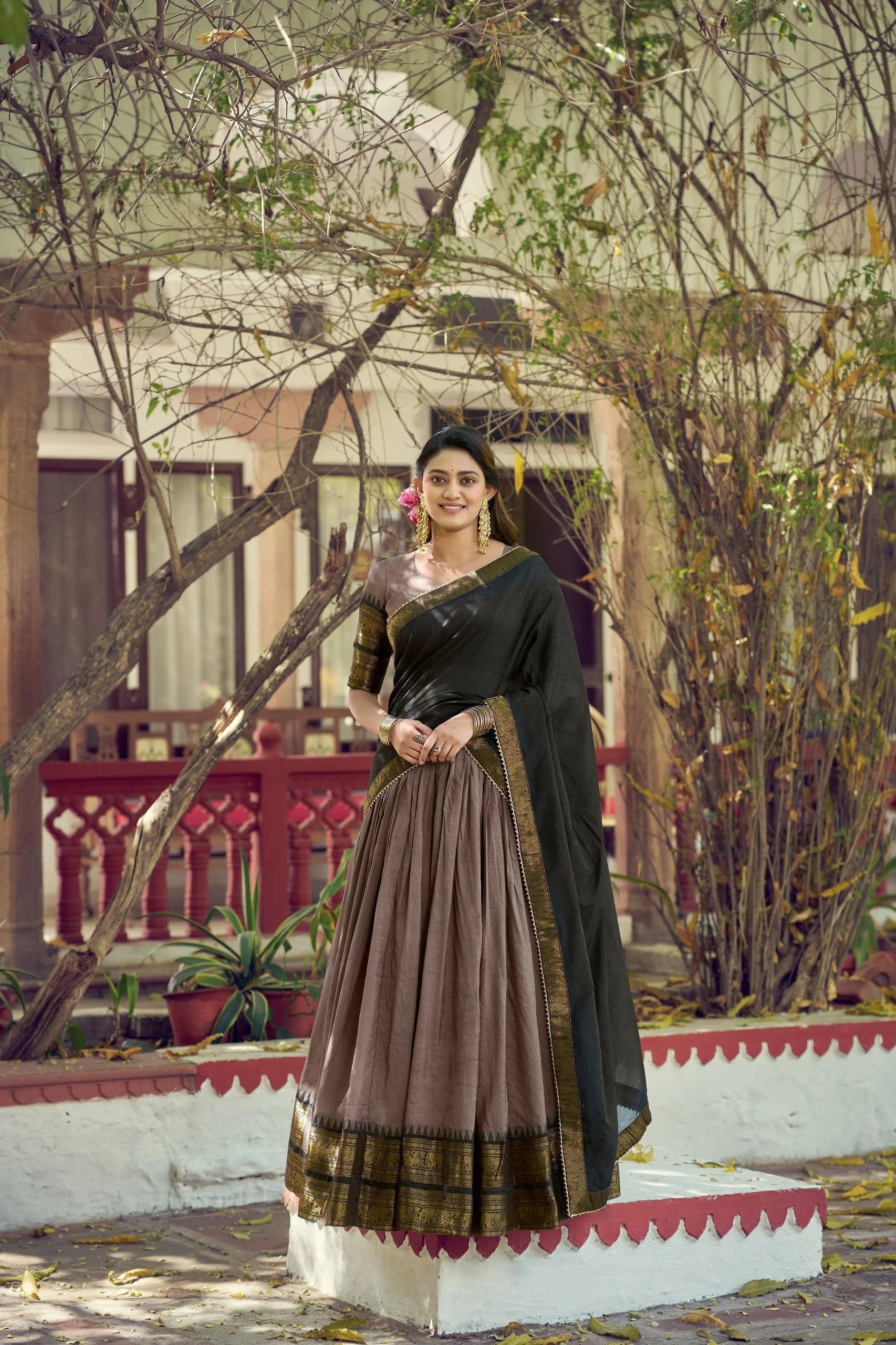 brown poly cotton lehenga choli zari woven border full length outdoor Chicorawear