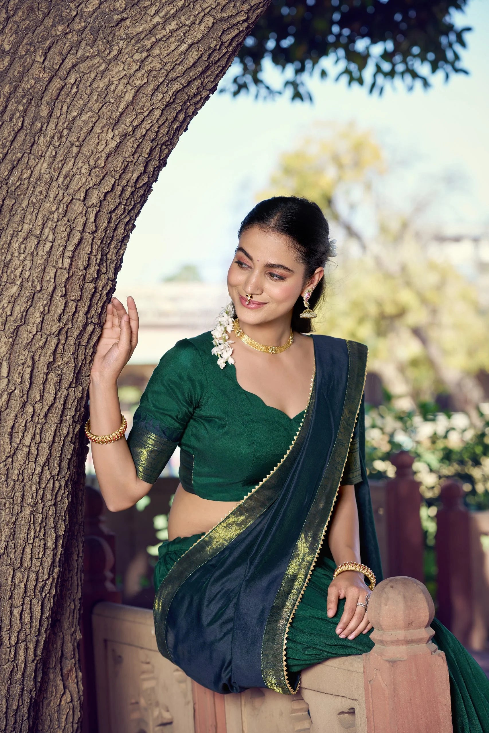 dark green poly cotton lehenga choli blouse close-up zari border detail