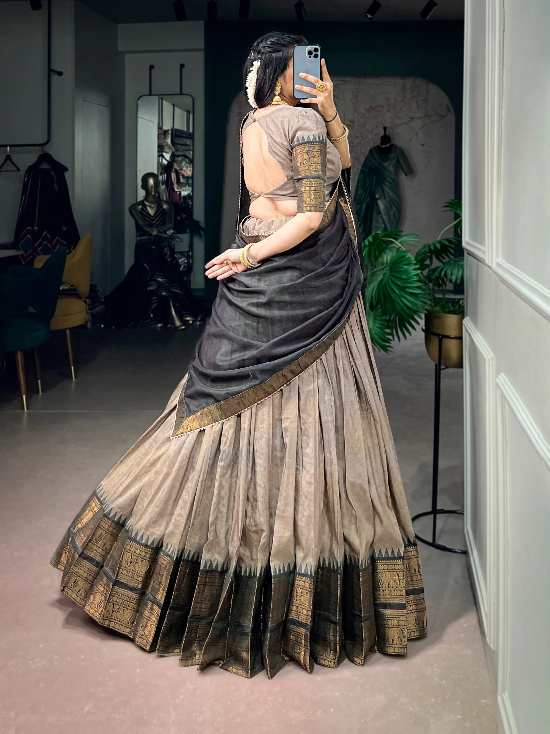 Dark green lehenga choli navy dupatta zari woven border detail