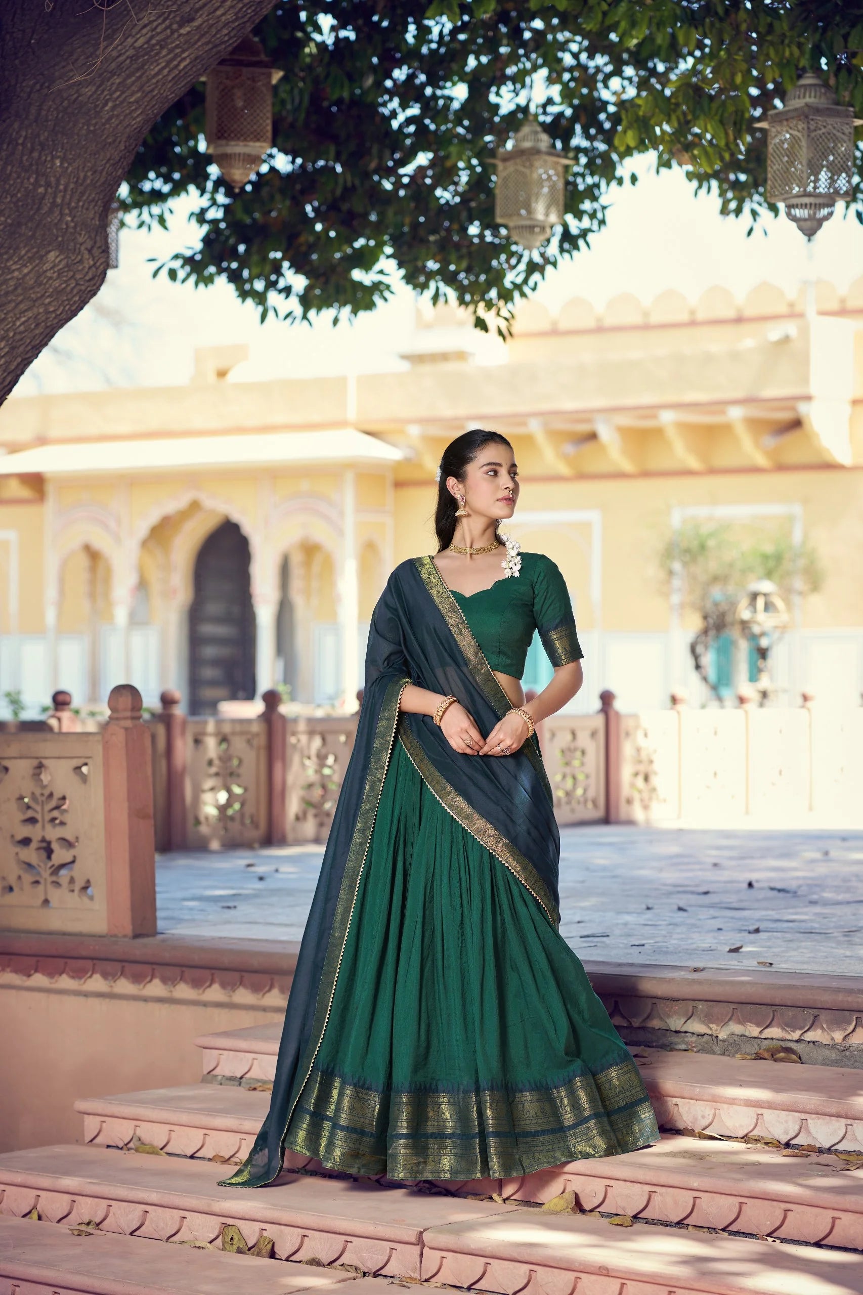 dark green poly cotton lehenga choli zari border full view palace Chicorawear