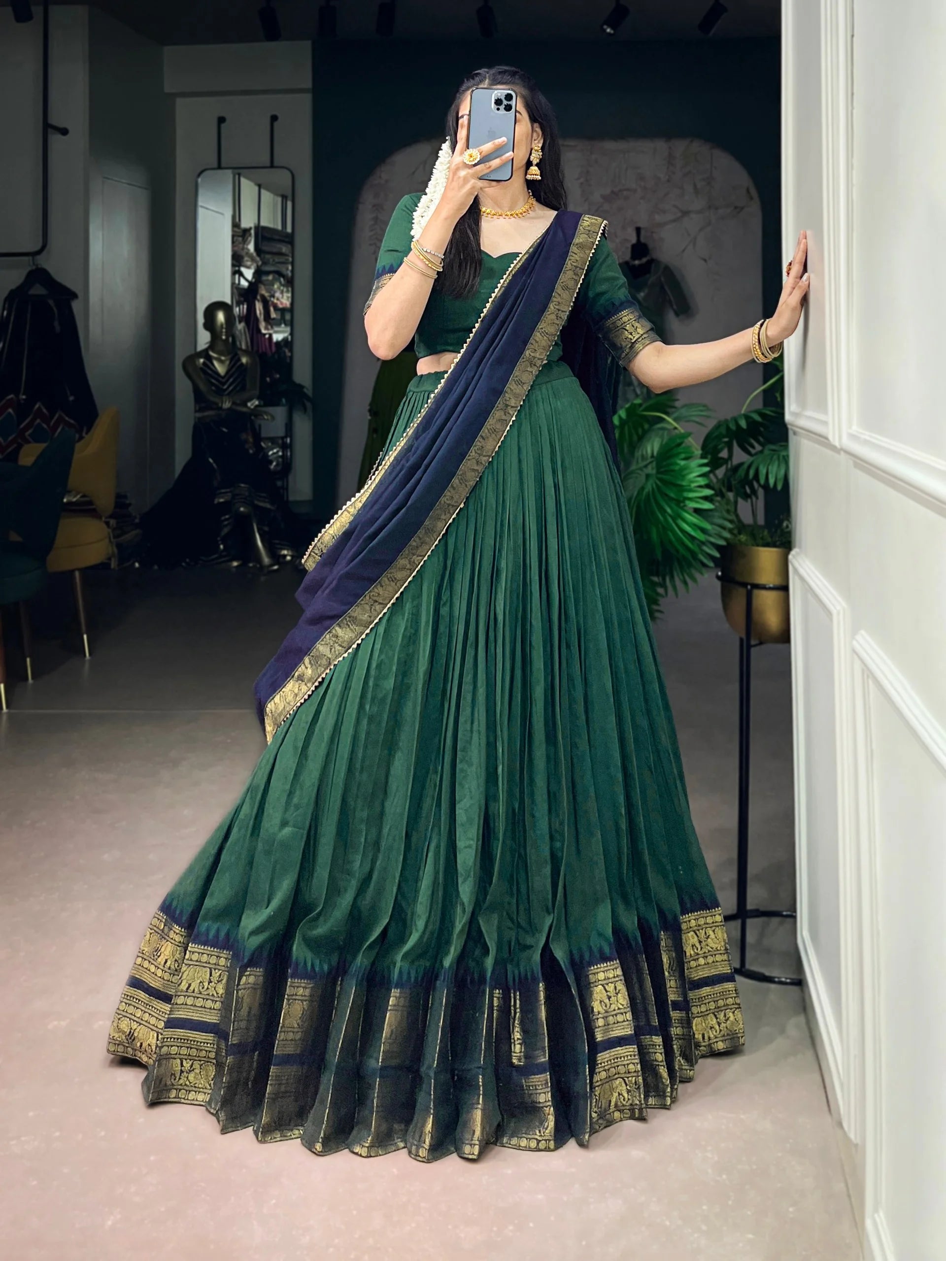 Dark green Poly Cotton lehenga choli zari border full view Chicorawear