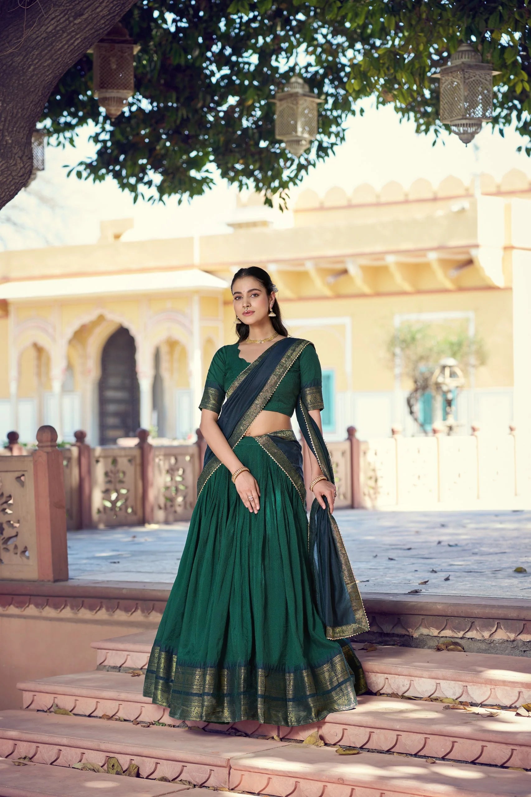 dark green poly cotton lehenga choli navy dupatta zari border full view
