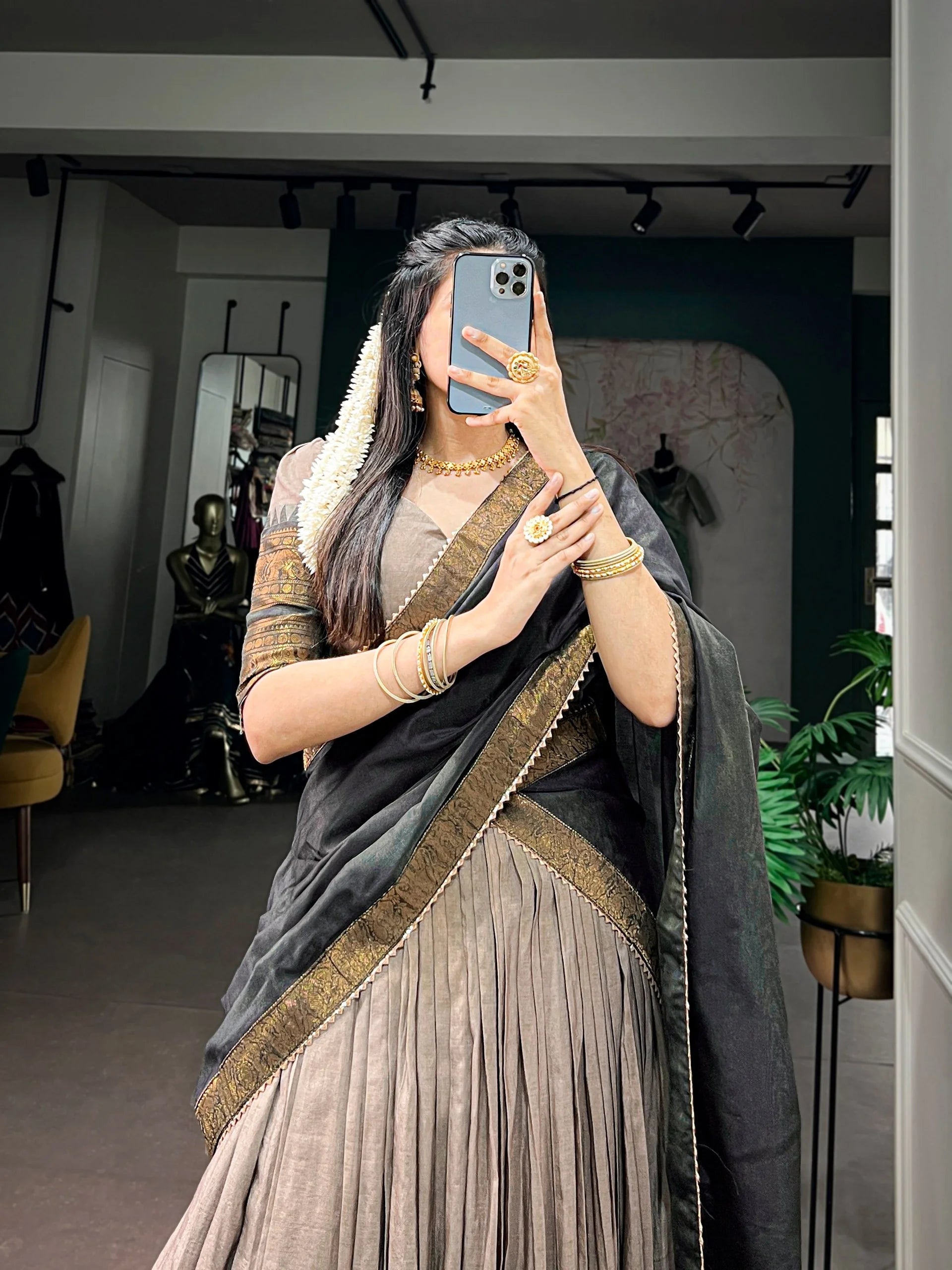 Grey Poly Cotton lehenga choli zari border blouse back view