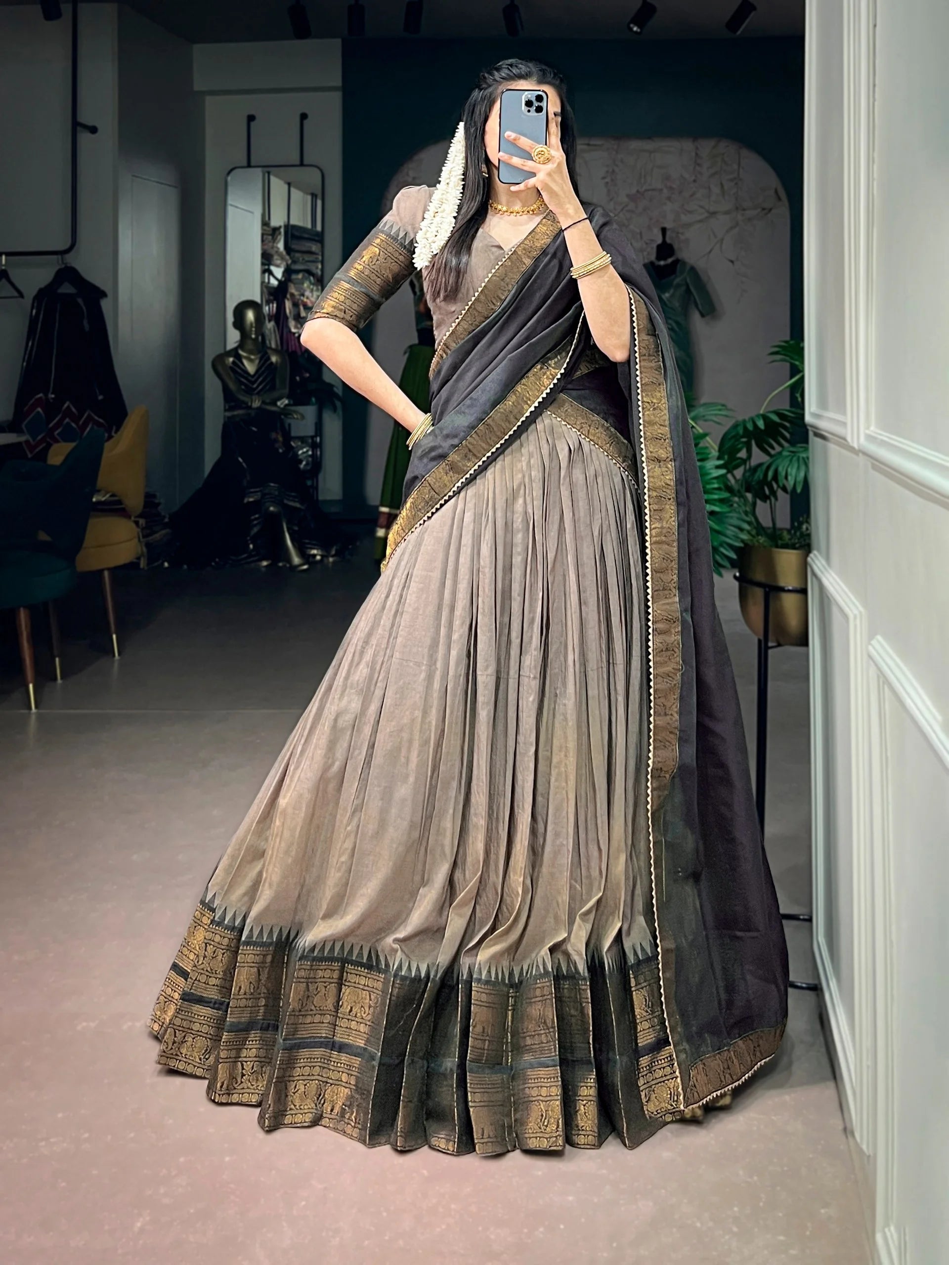 Grey Poly Cotton lehenga choli traditional zari border detail