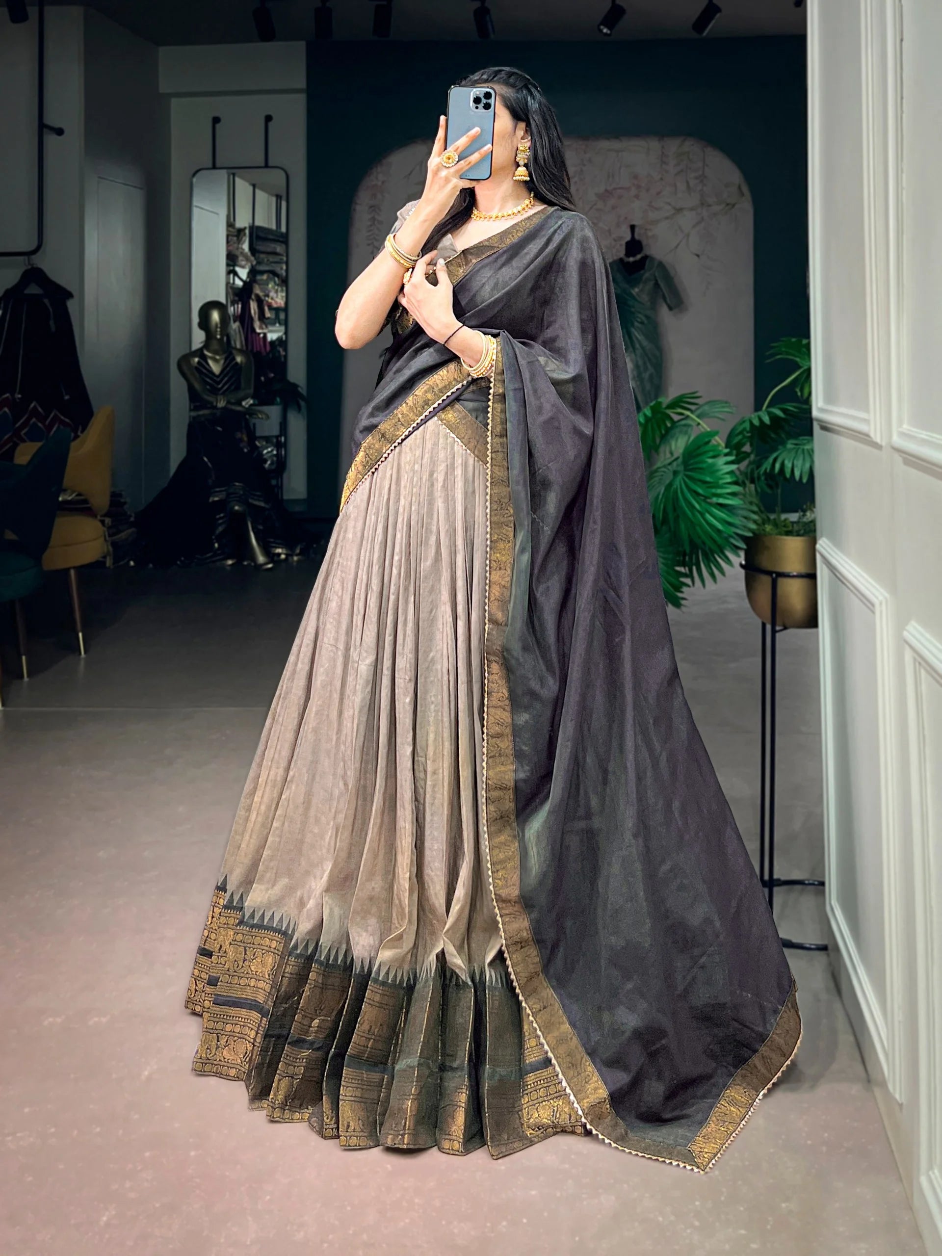 Grey lehenga choli zari border side view black dupatta