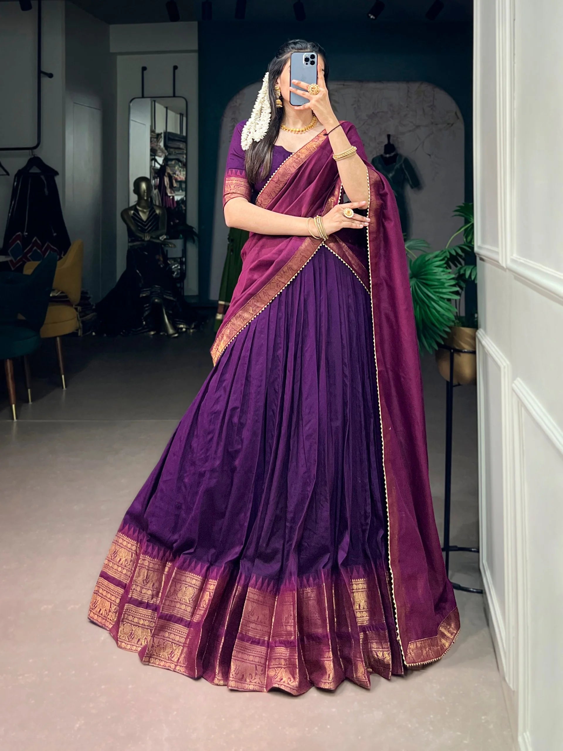 Purple lehenga choli zari woven border blouse close up