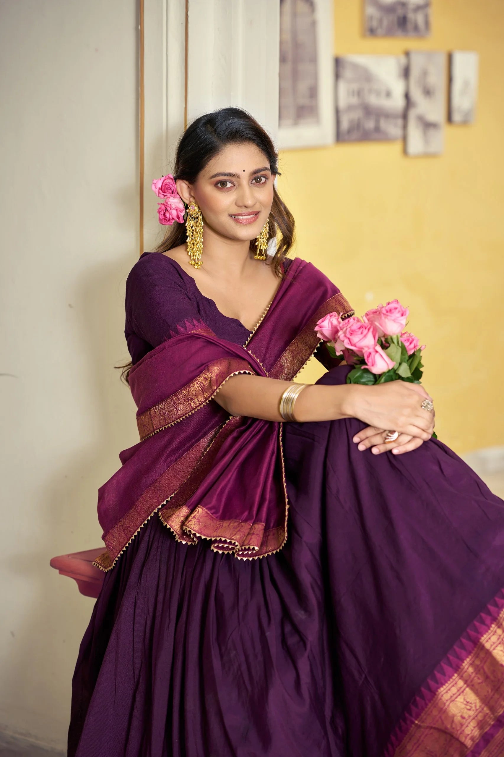 purple poly cotton lehenga choli zari woven border close-up with roses Chicorawear