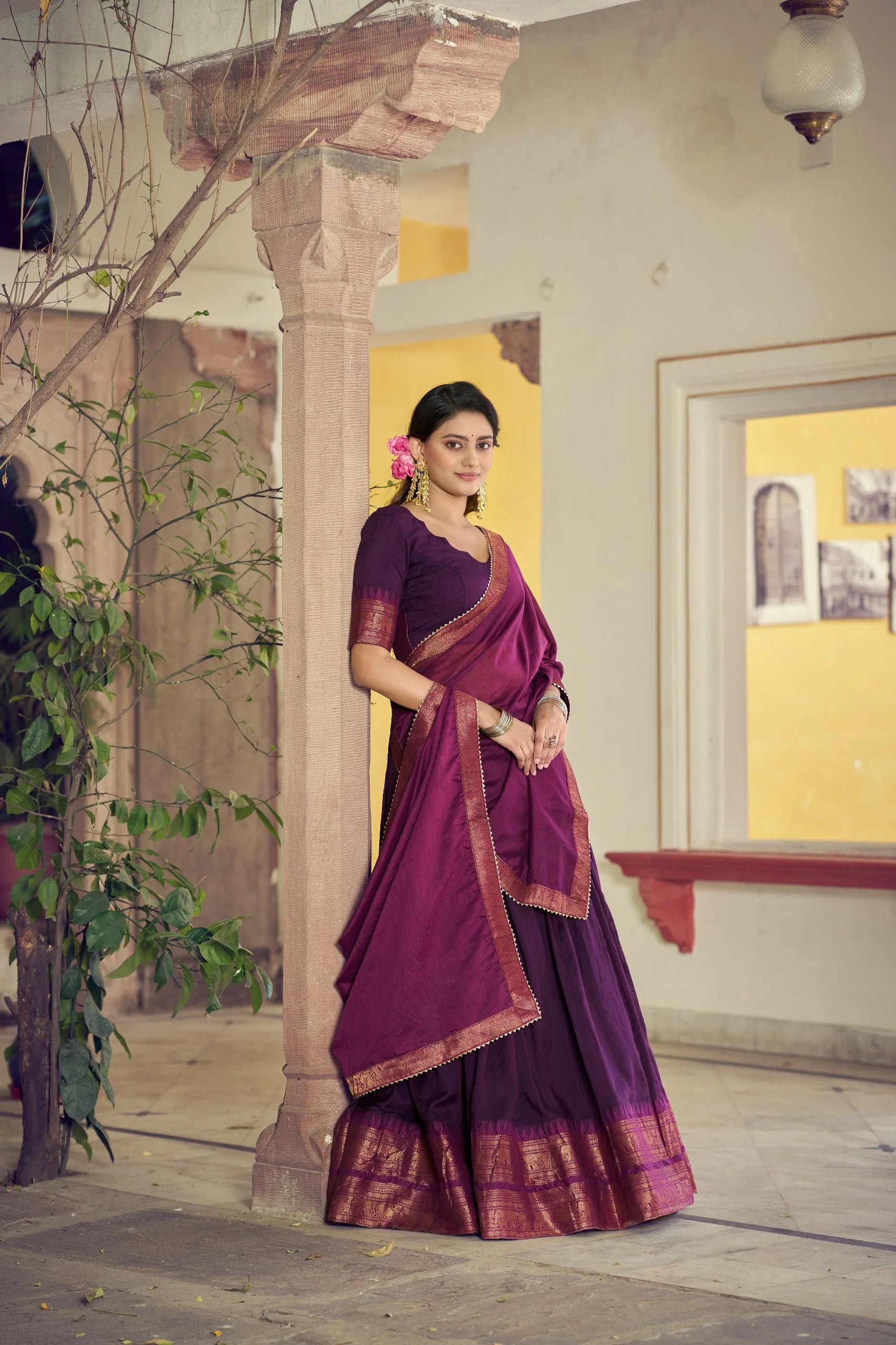 purple poly cotton lehenga choli zari border stone column full view