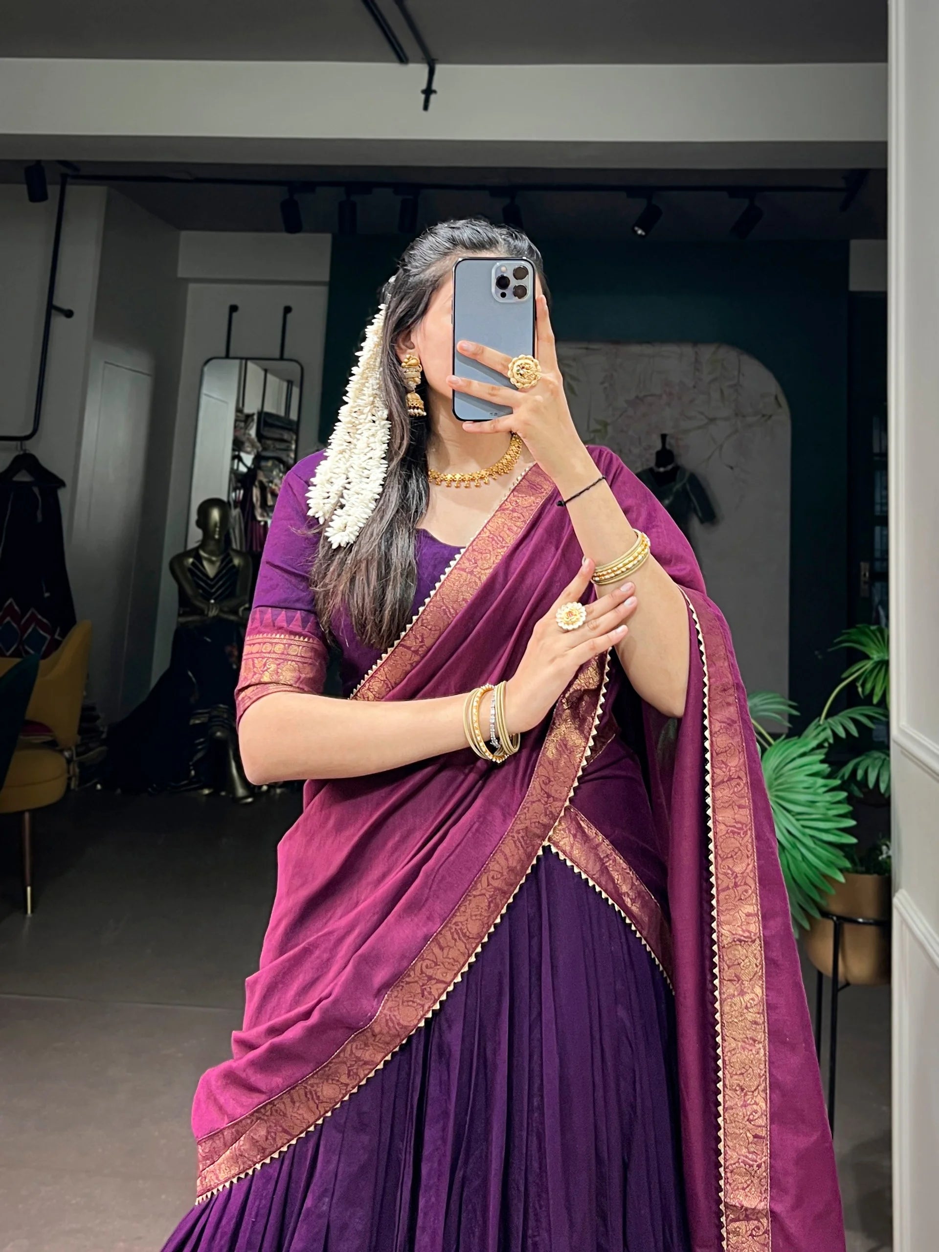 Purple lehenga choli with zari border dupatta South Indian style