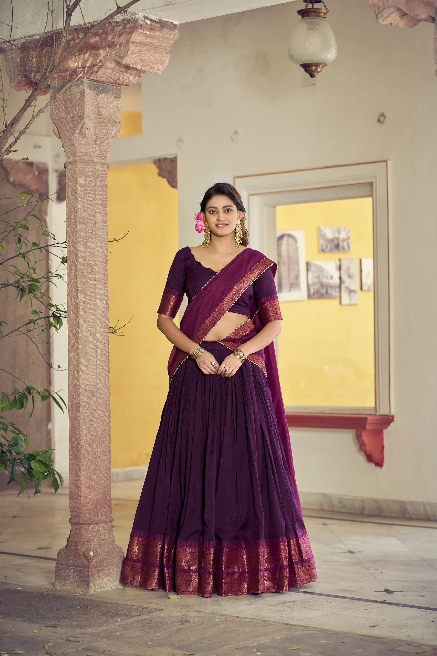 purple poly cotton lehenga choli zari woven border full length outdoor