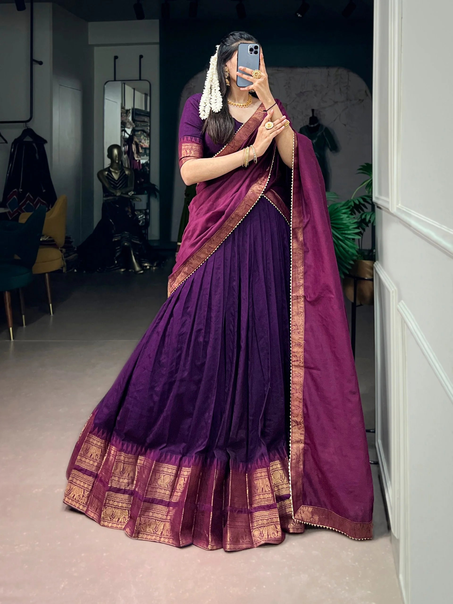 Purple Poly Cotton lehenga choli with zari border full view Chicorawear