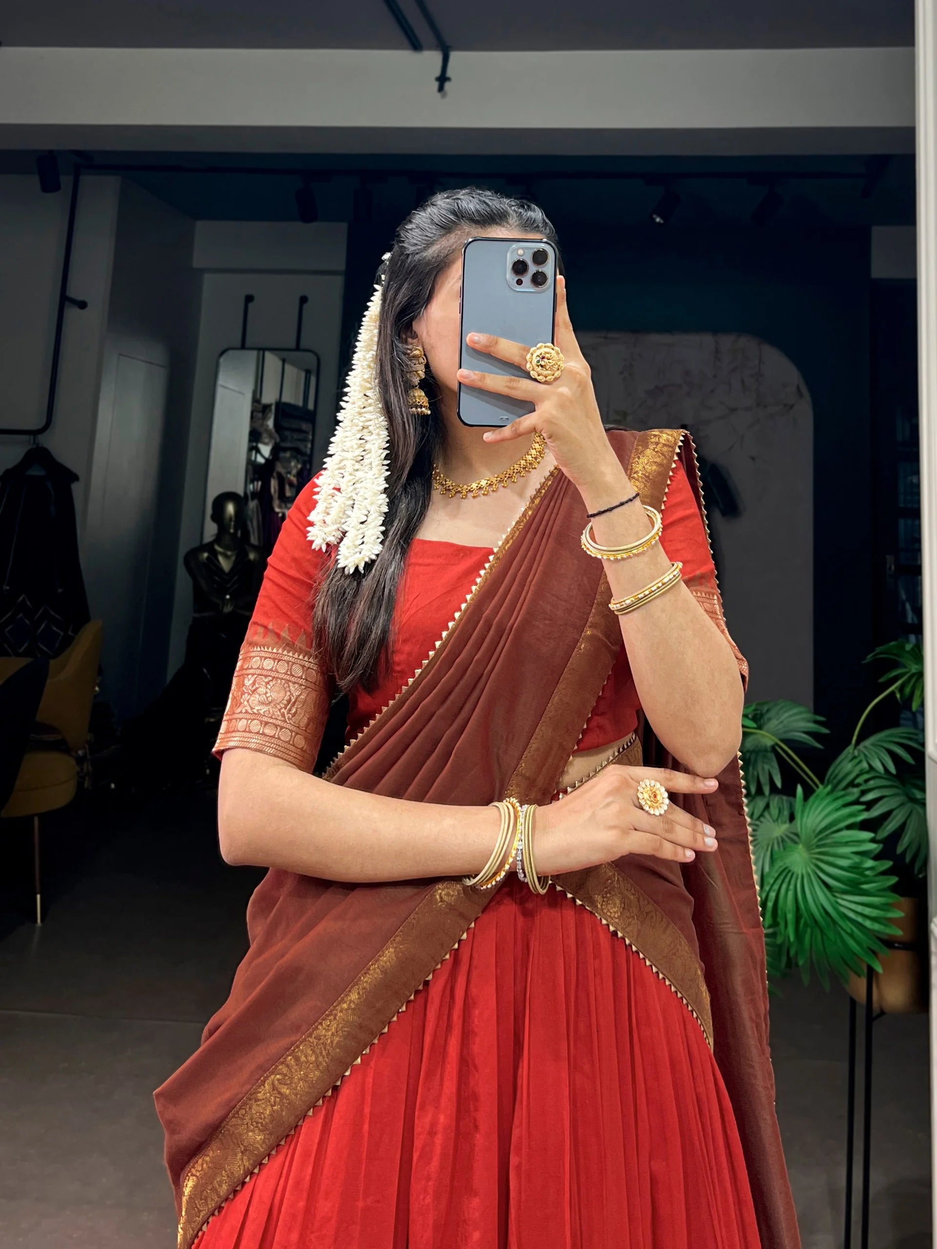 Poly Cotton lehenga choli red blouse close up zari border detail