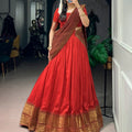 Poly Cotton lehenga choli with zari border red full view Chicorawear