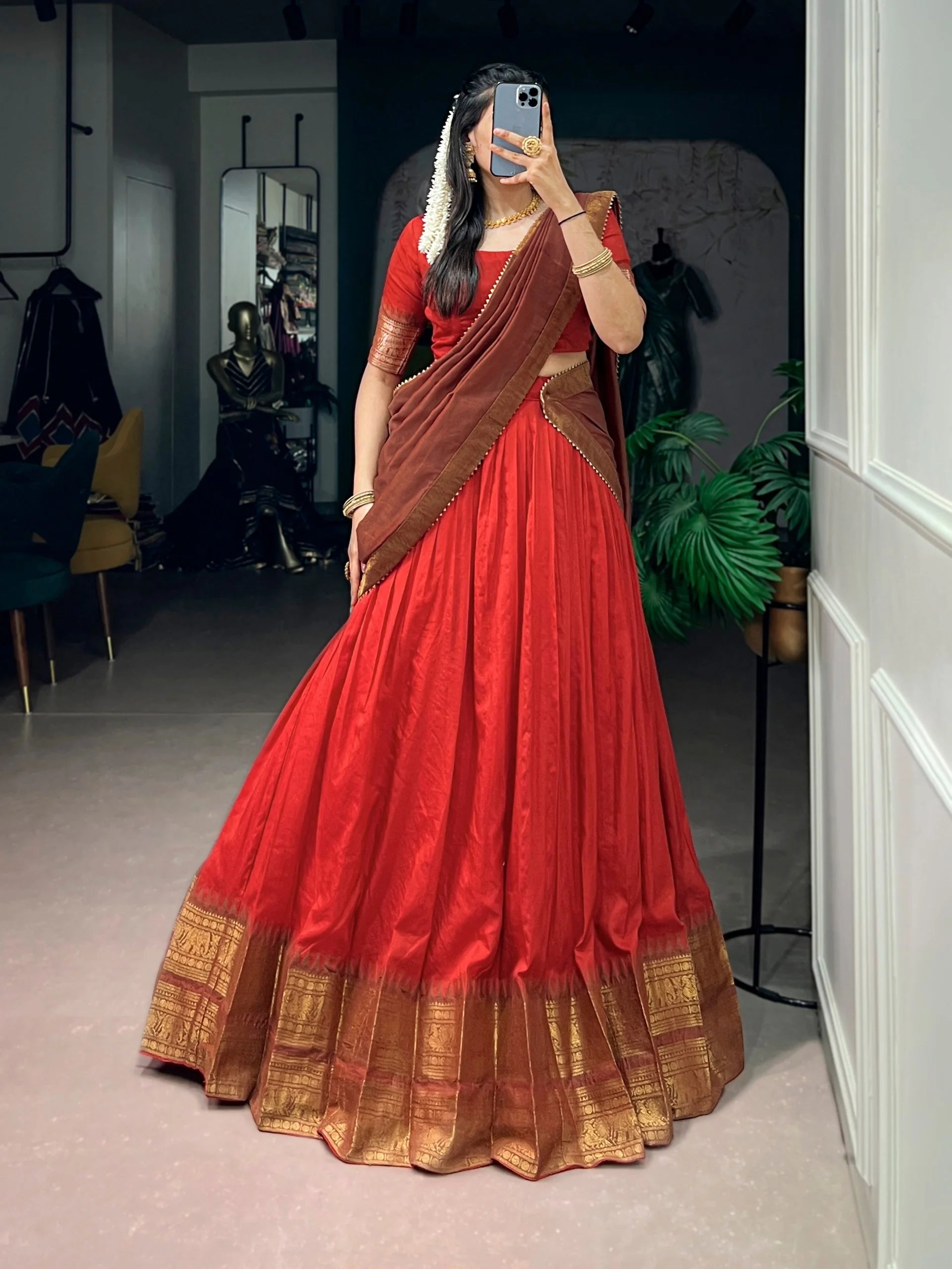 Poly Cotton lehenga choli with zari border red full view Chicorawear