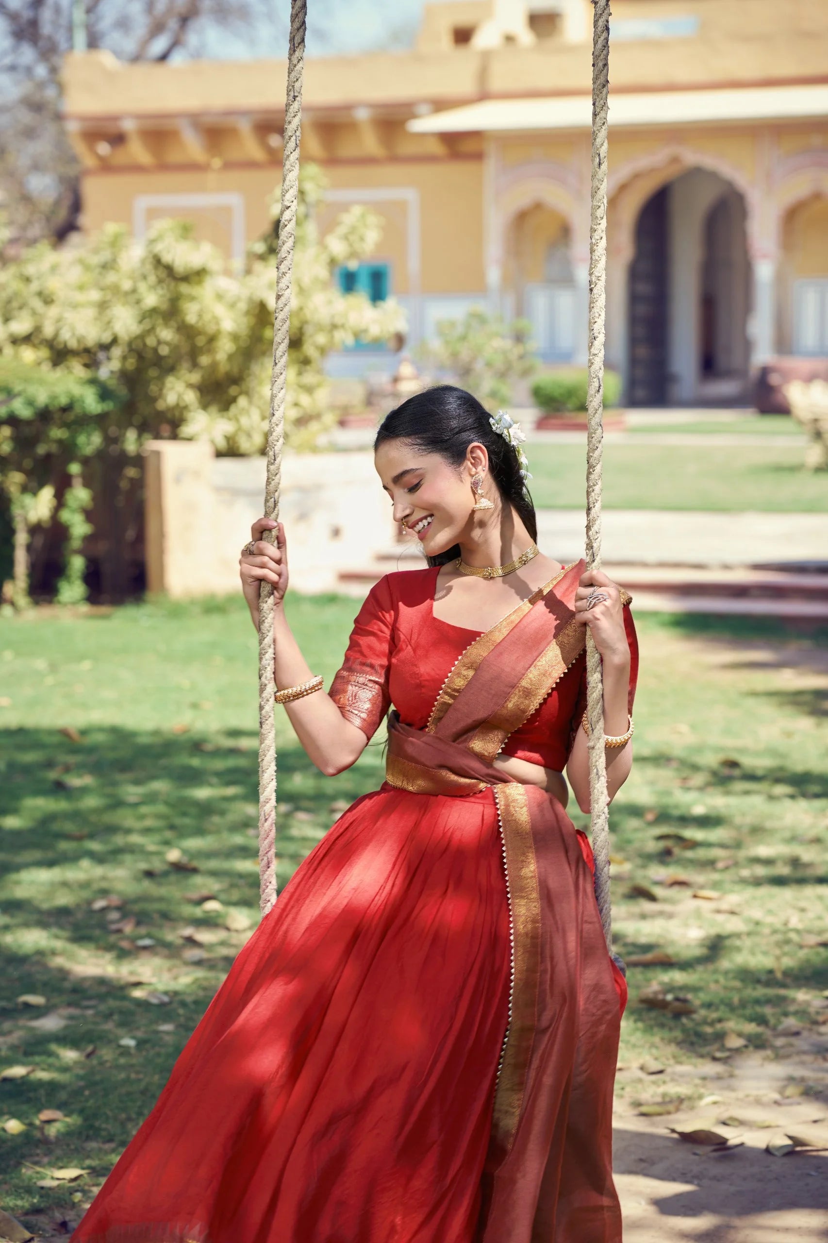 red poly cotton lehenga choli gold zari border swing garden Chicorawear