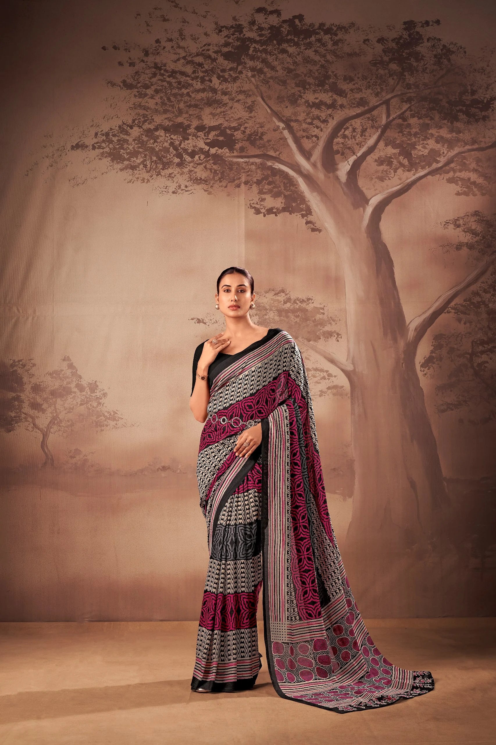 poly mal cotton printed saree black magenta geometric print full view