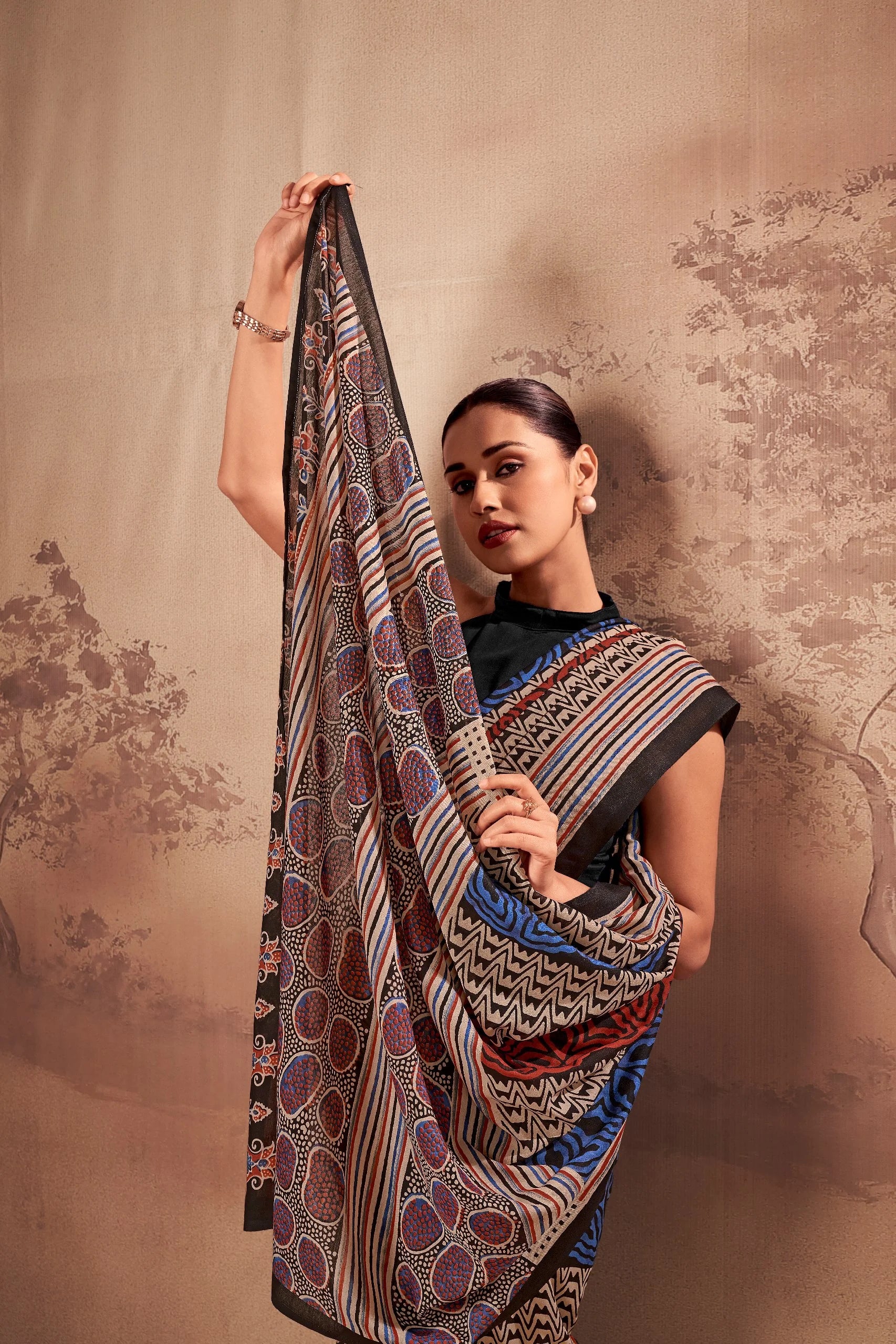 cotton printed saree blue beige red pallu detail held up