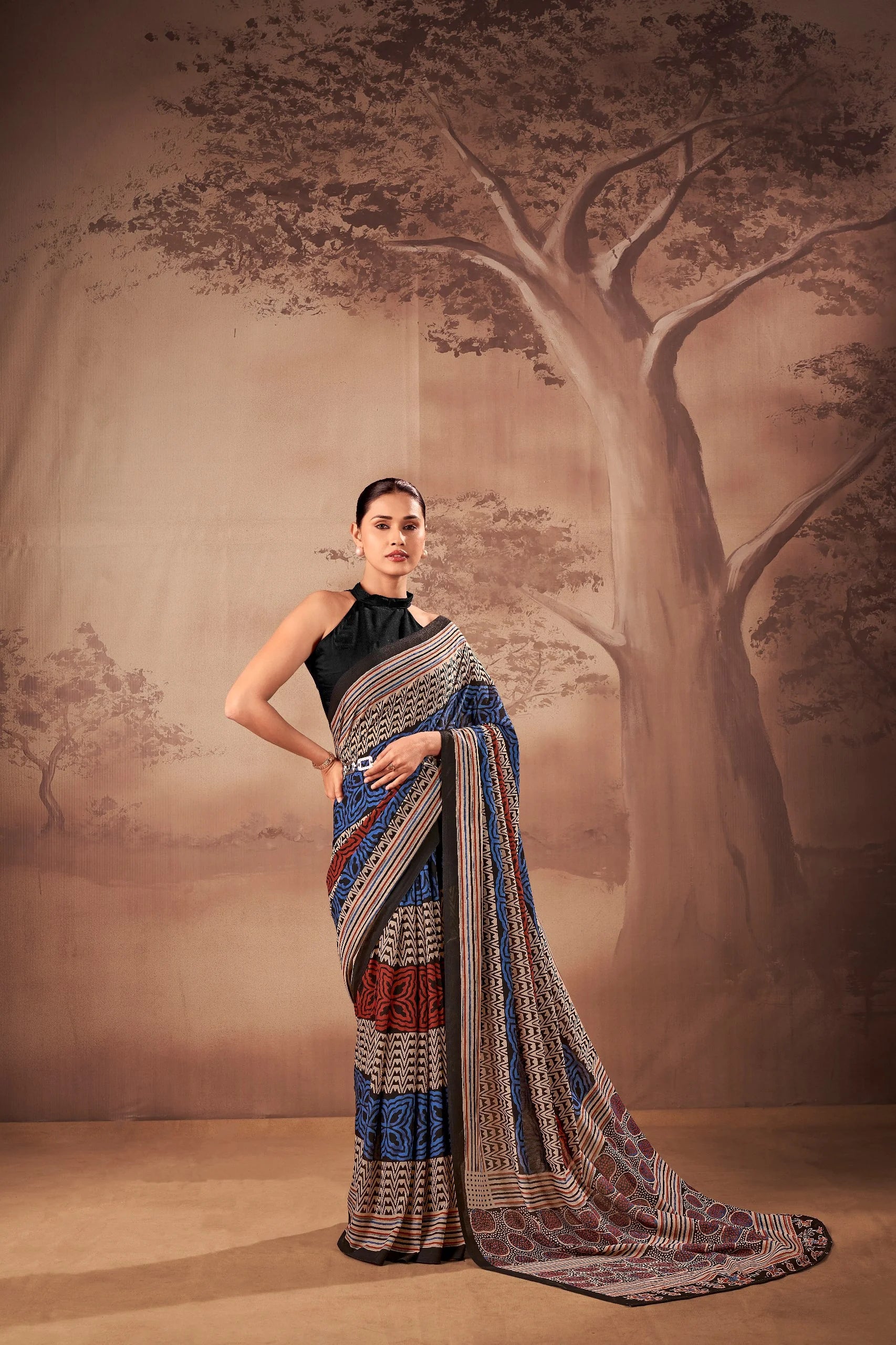 poly mal cotton printed saree blue beige red multicolor full body