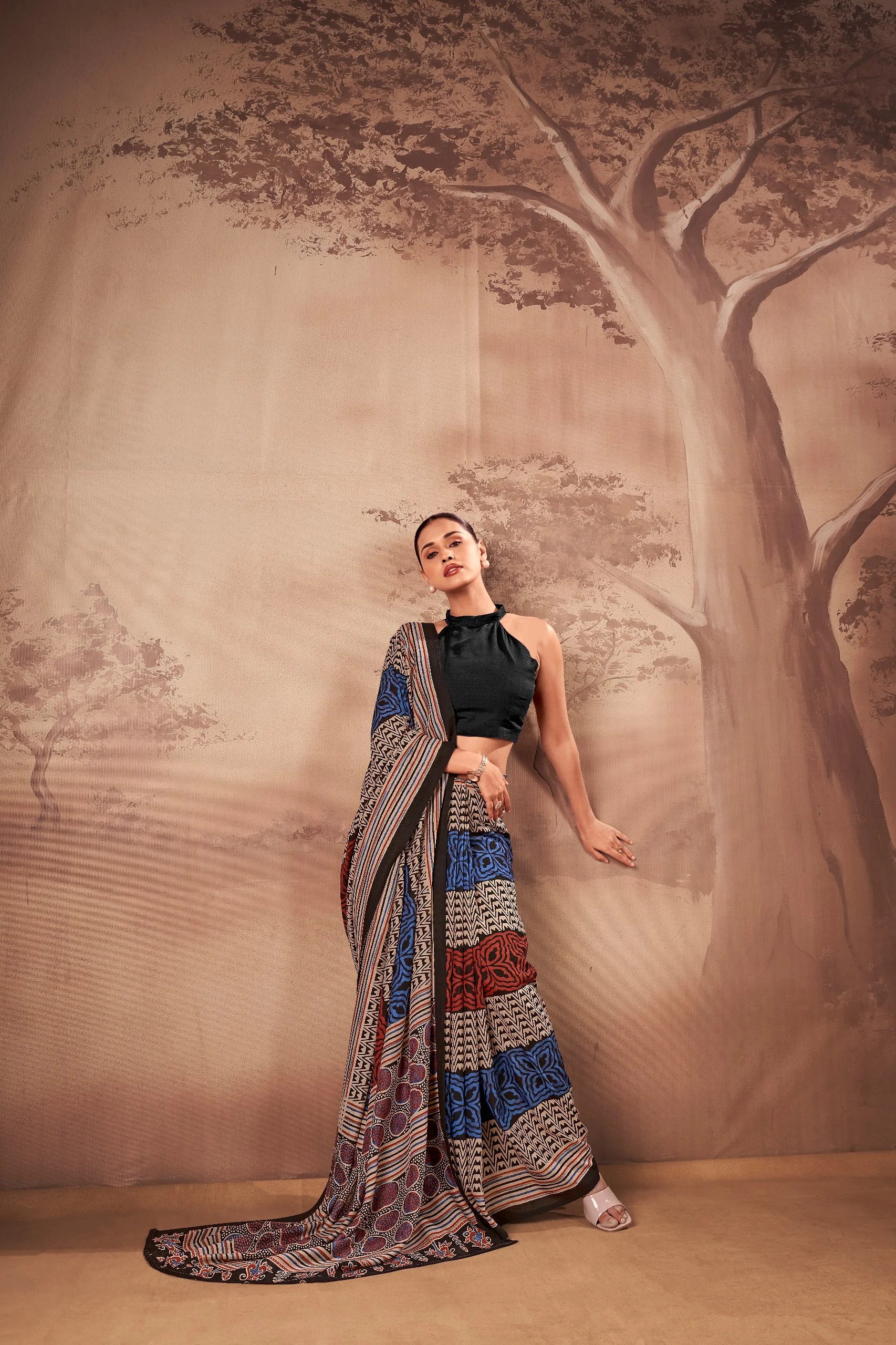 blue multicolor poly mal cotton printed saree leaning pose