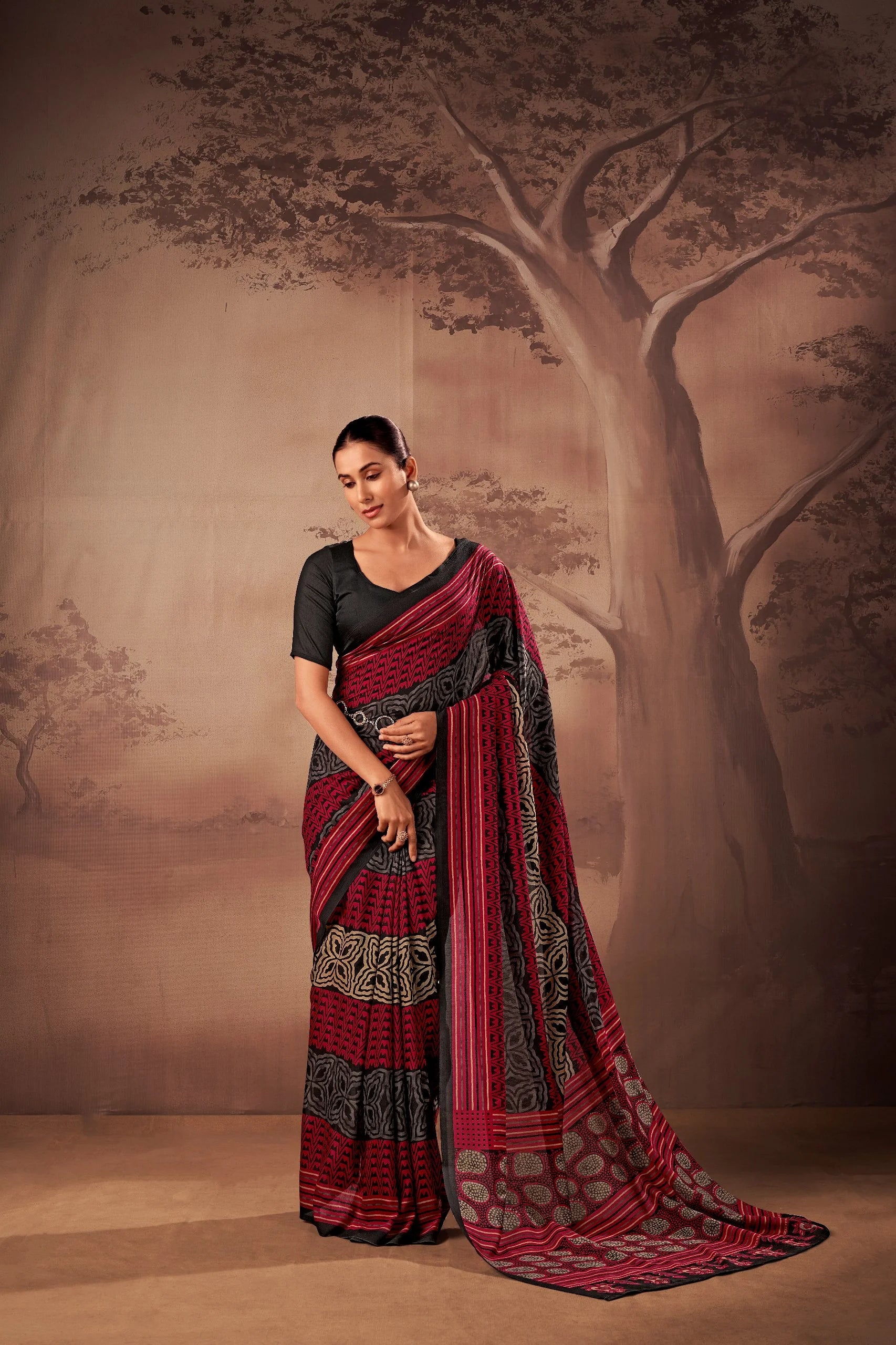 poly mal cotton printed saree red black gold geometric full view