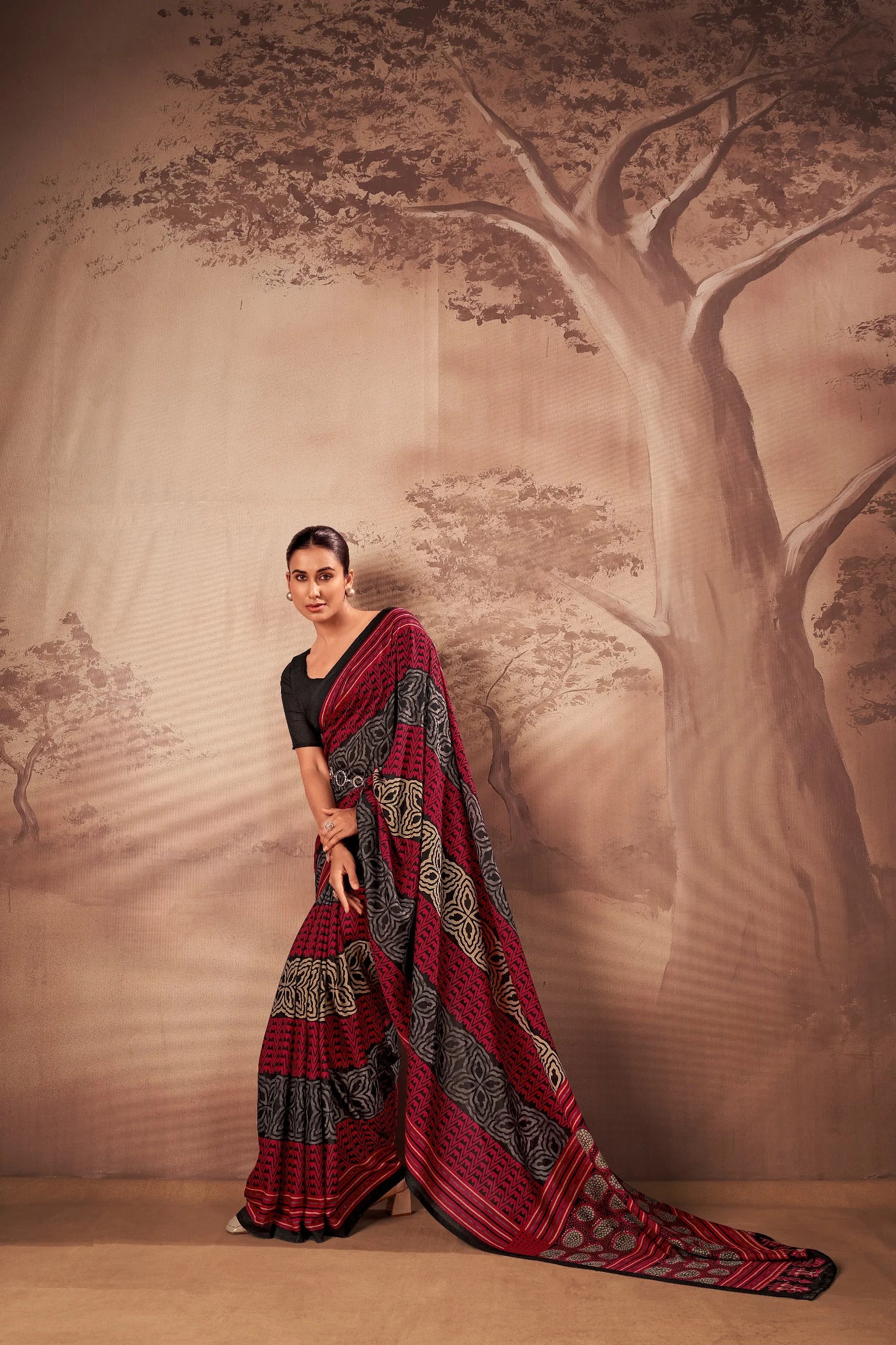 poly mal cotton printed saree red maroon black gold standing