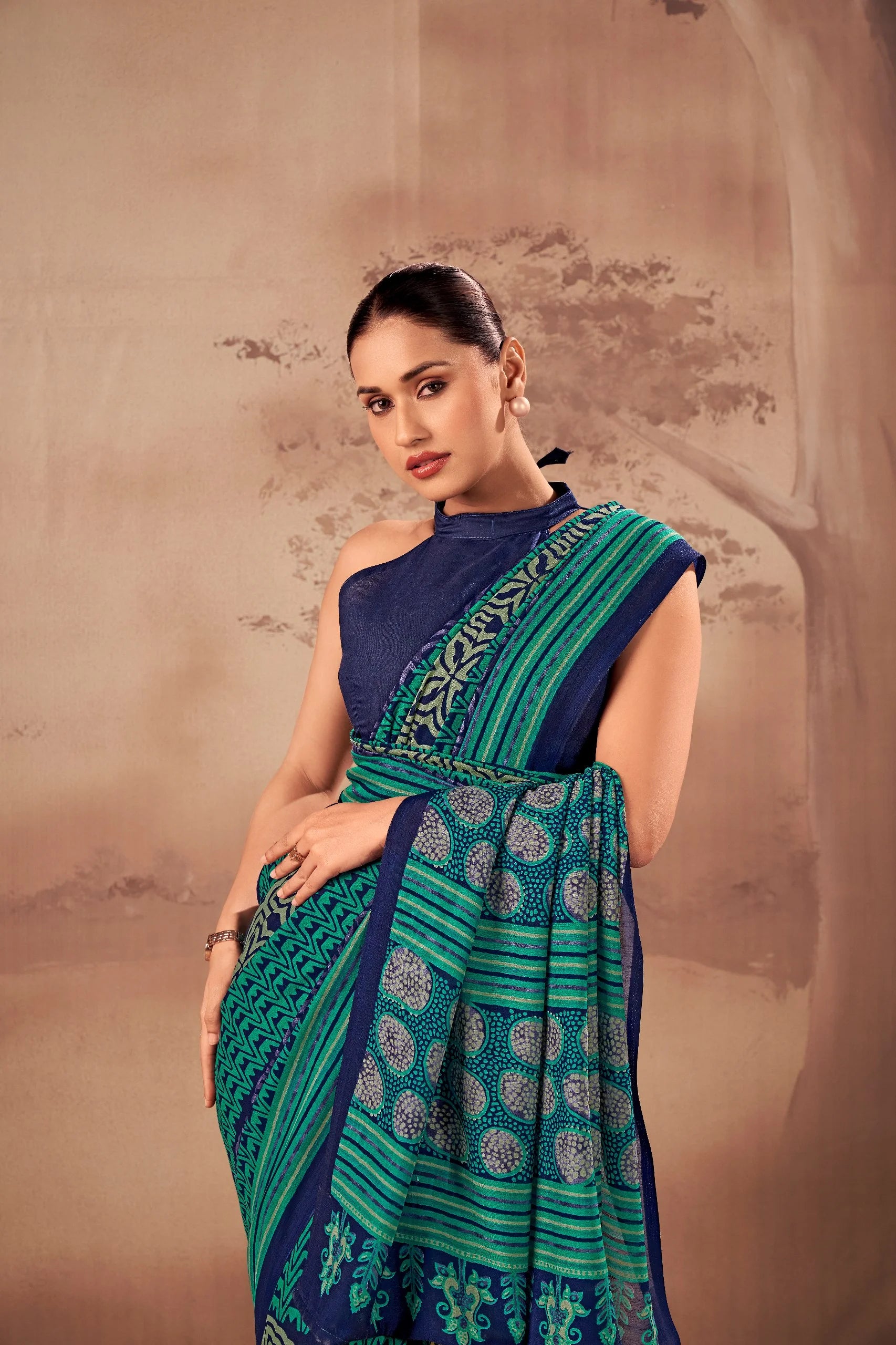 poly mal cotton printed saree teal green navy close-up drape