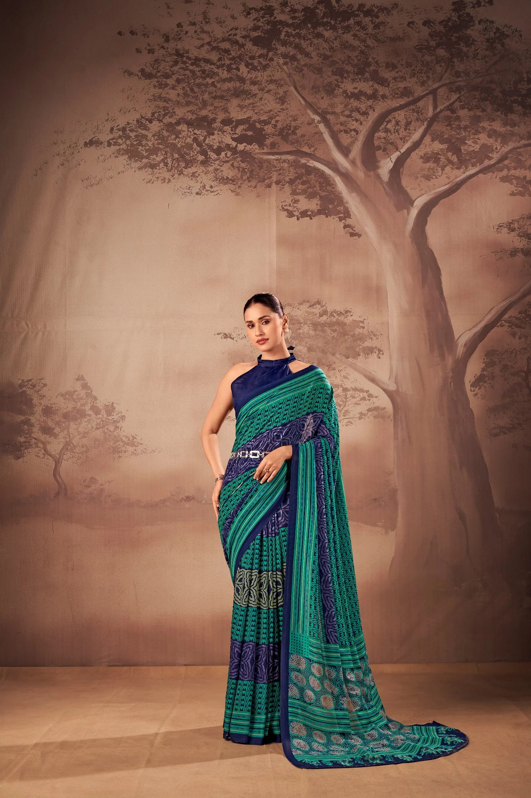 poly mal cotton printed saree teal green navy print full body