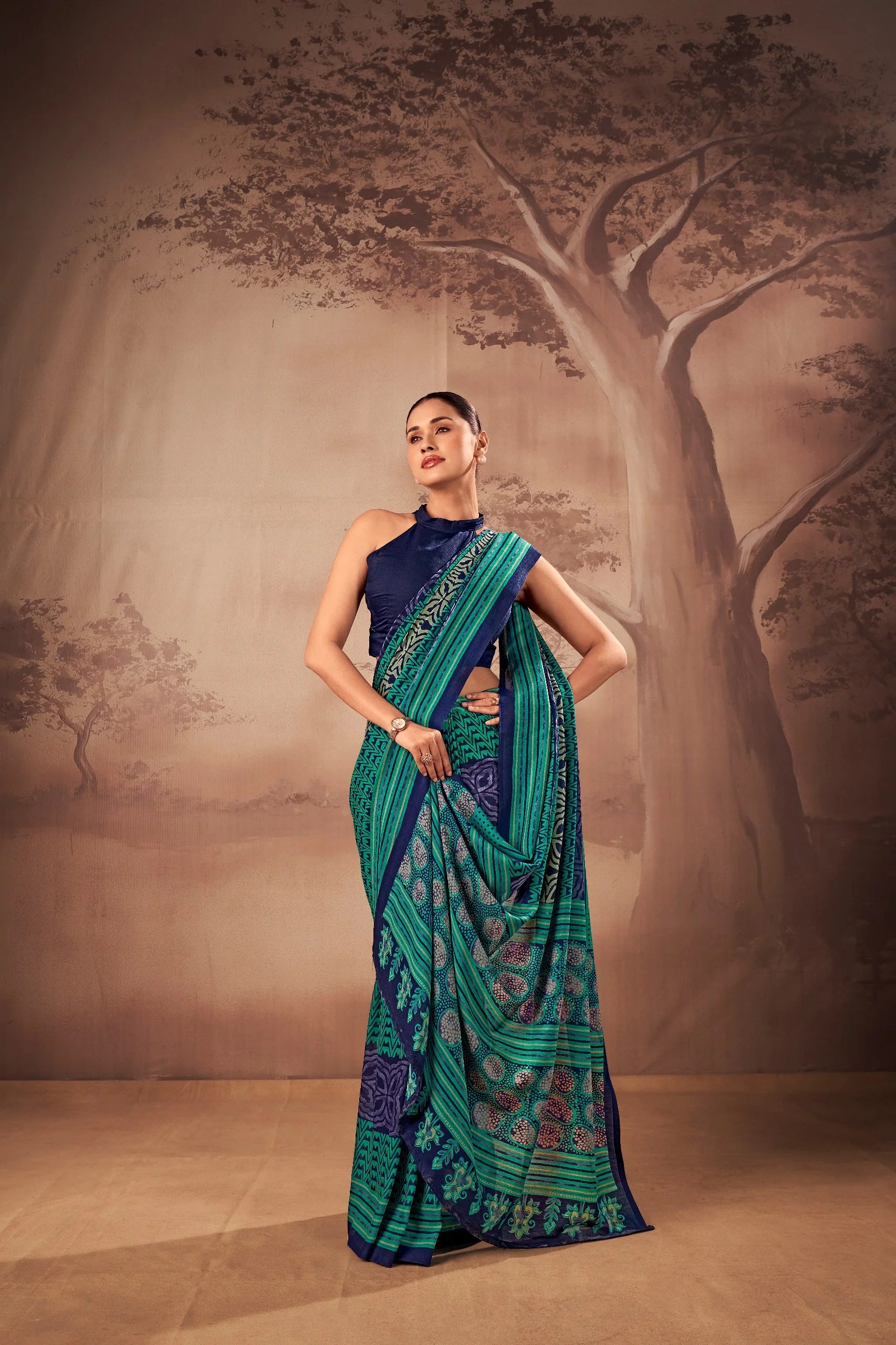 poly mal cotton printed saree teal navy belt standing view