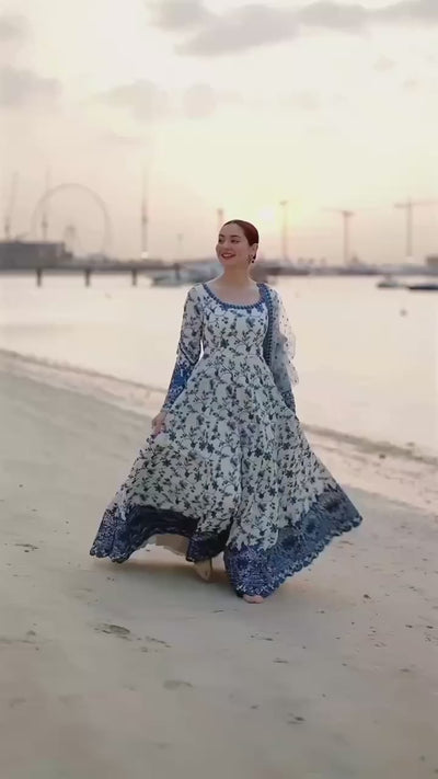 White & Blue Floral Georgette Anarkali Suit Set