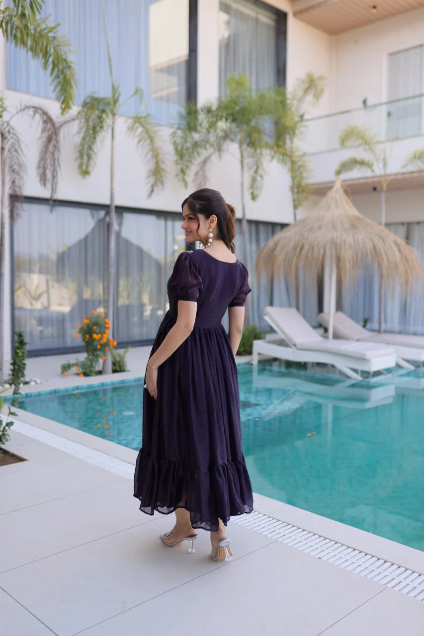dark purple ruffle hem gown back view